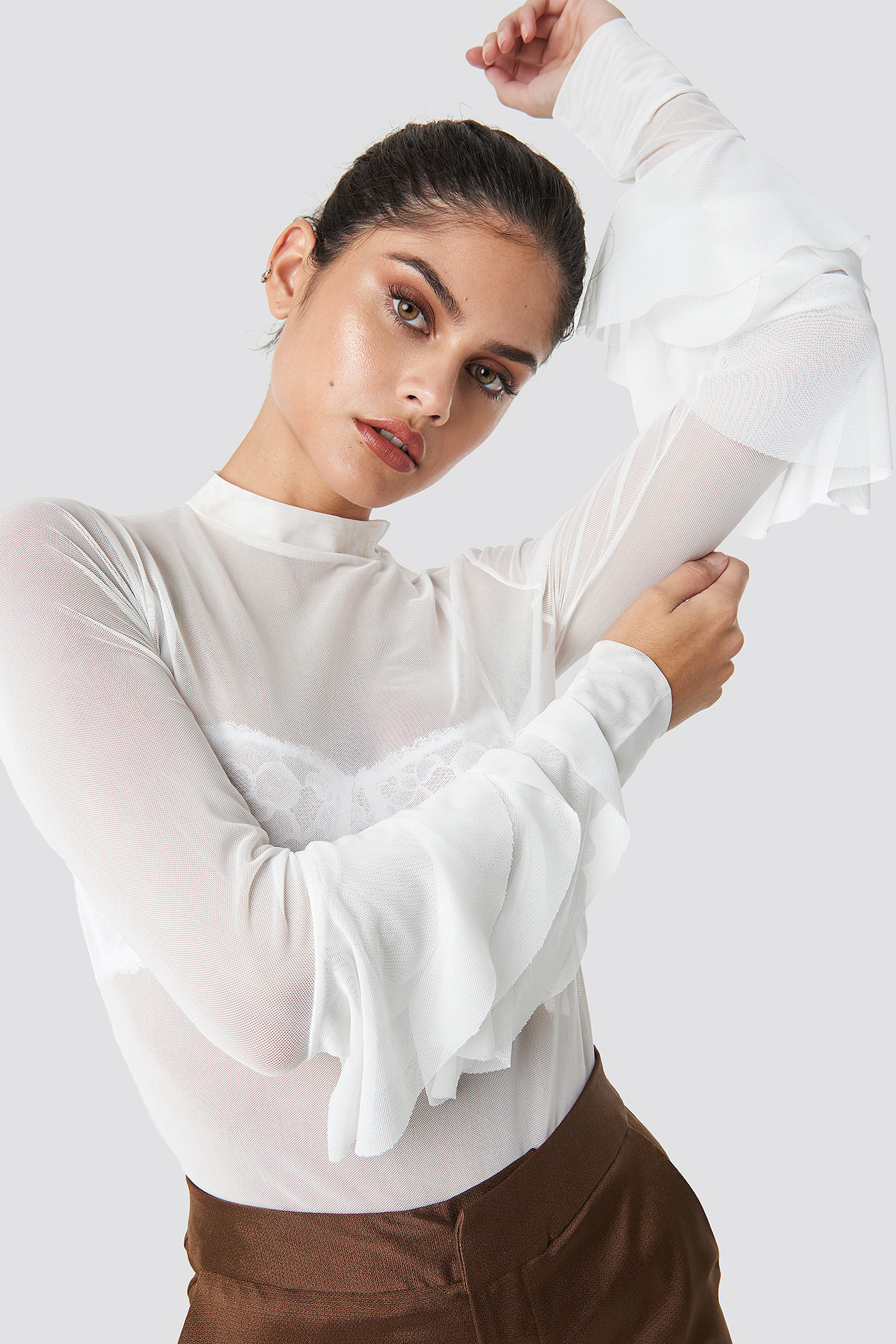 Frill Sleeve Mesh Top White | NA-KD