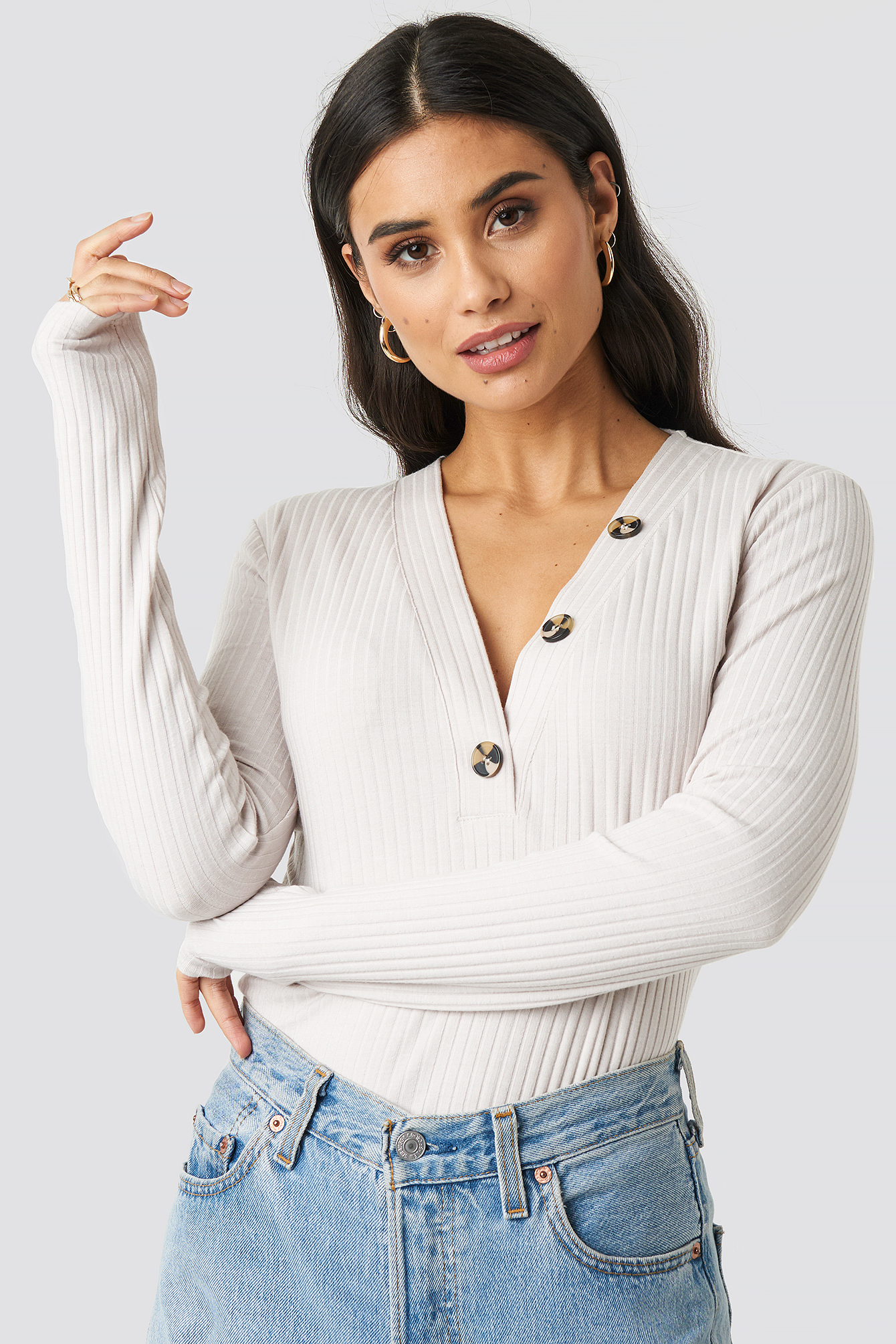 Ribbed Button LS Top Sand