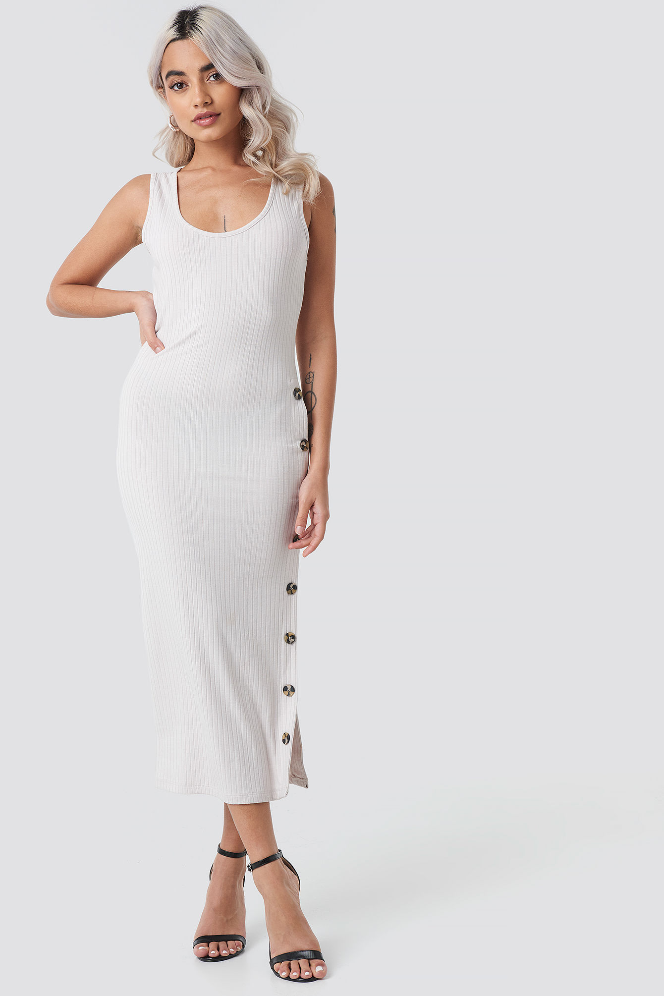 Ribbed Button Dress Sand