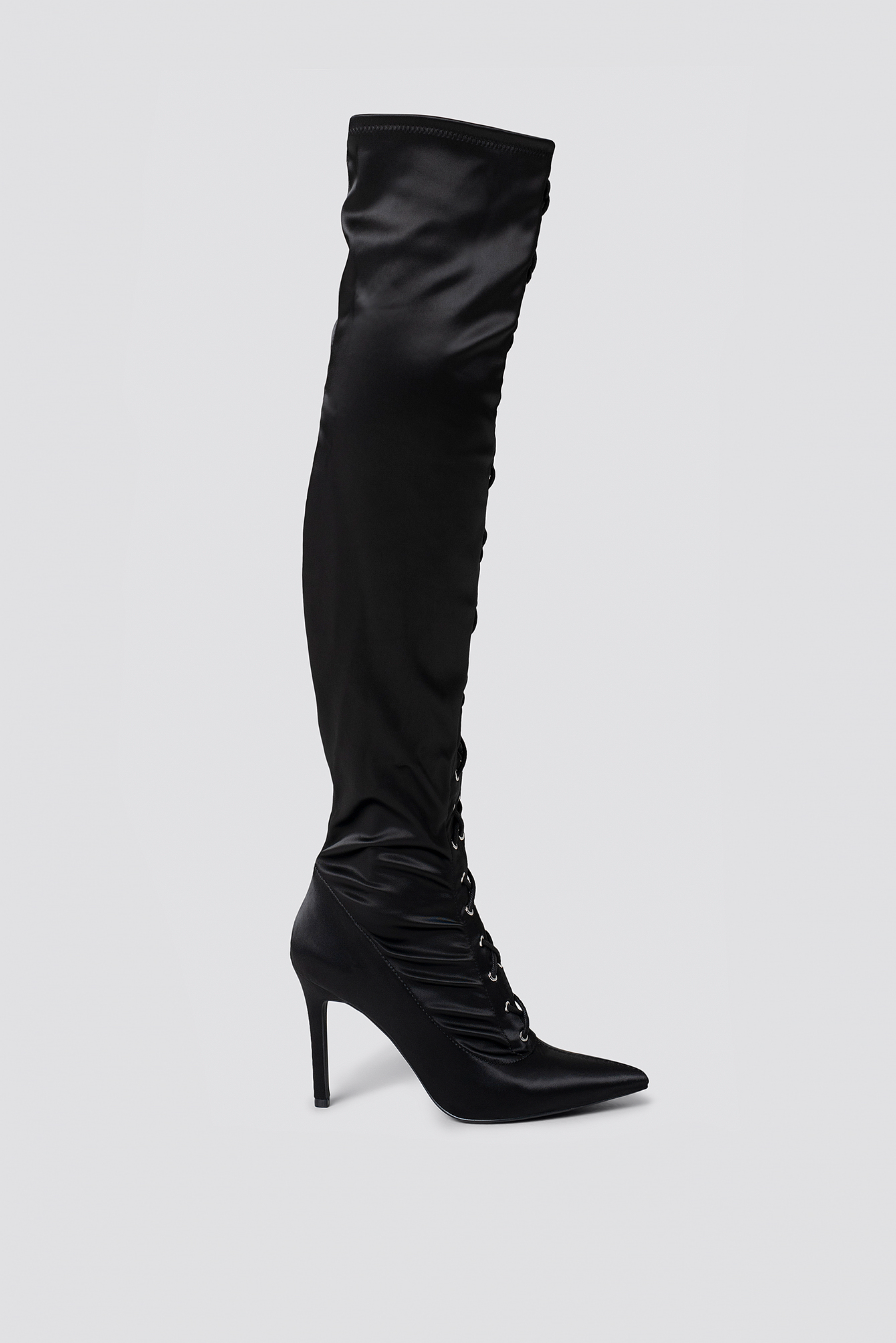 Lace Up Satin Overknee Boots Black