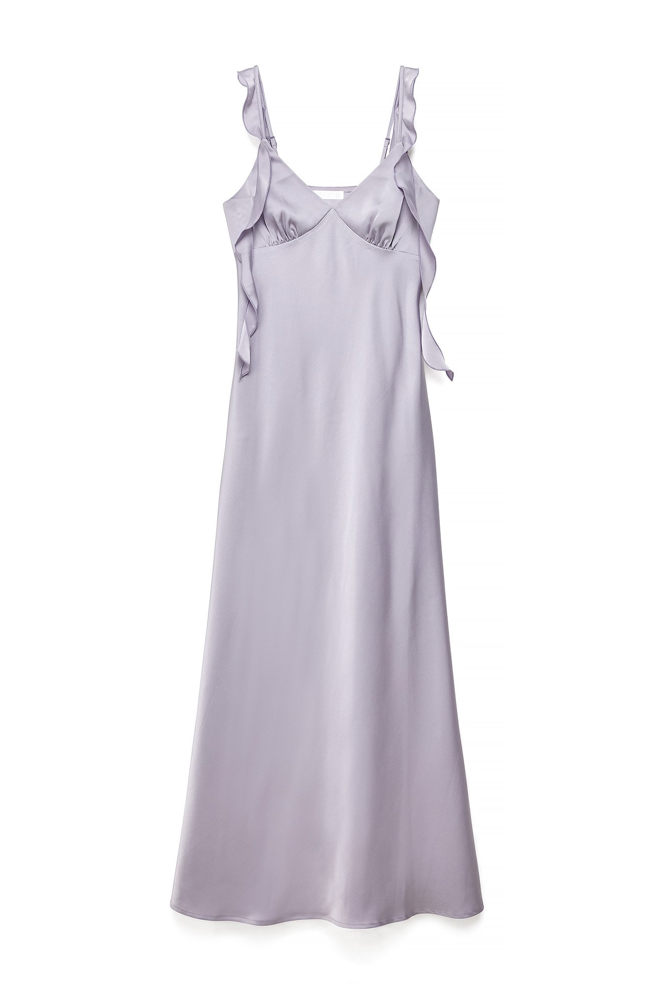 Lilac Satin Ruffle Shoulder Maxi Dress