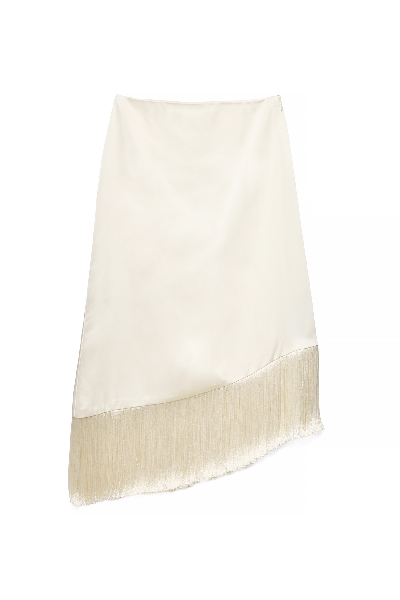 Offwhite Satin Asymmetric Fringe Midi Skirt