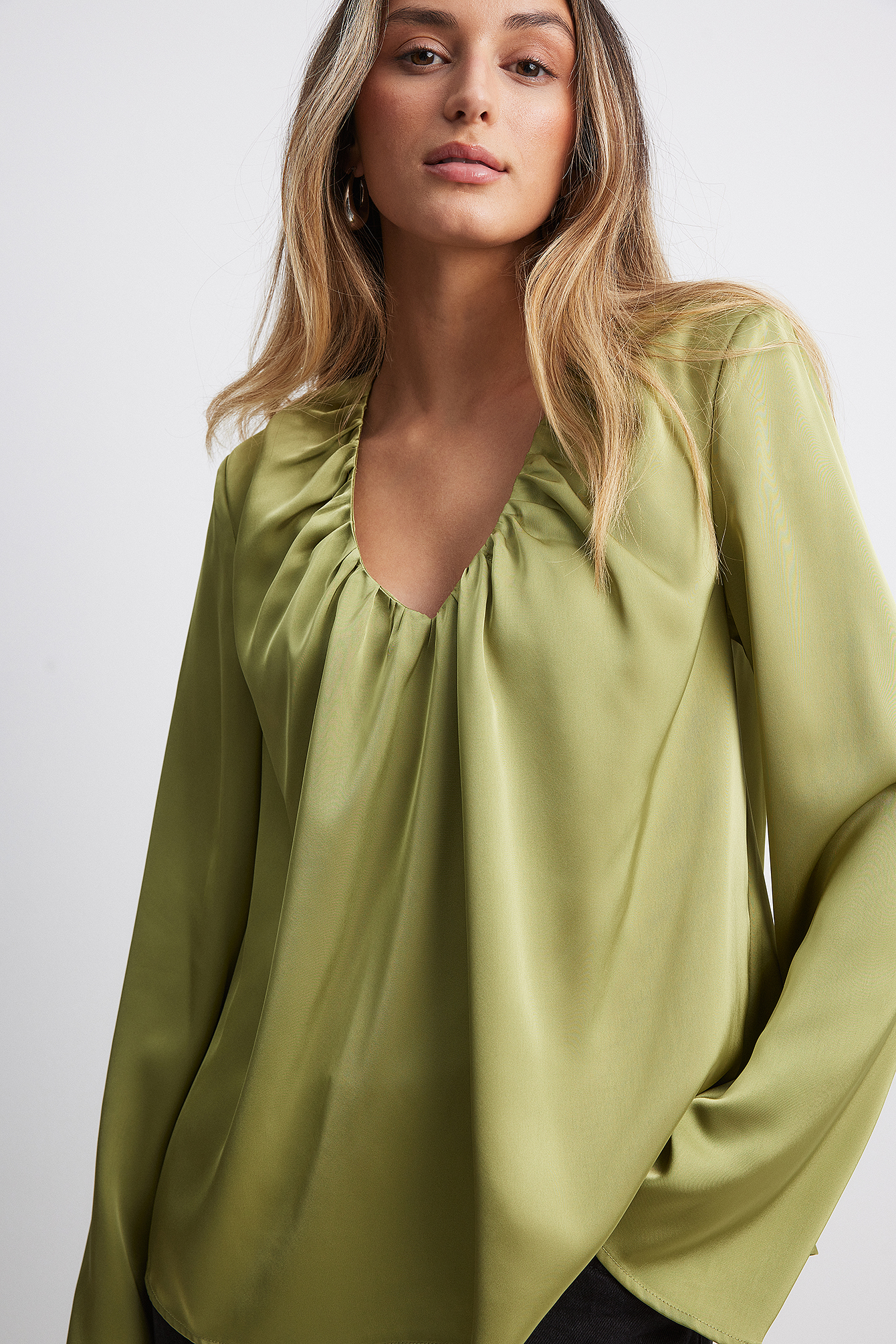 Satin Blouse with Gathered Neckline Green NAKD