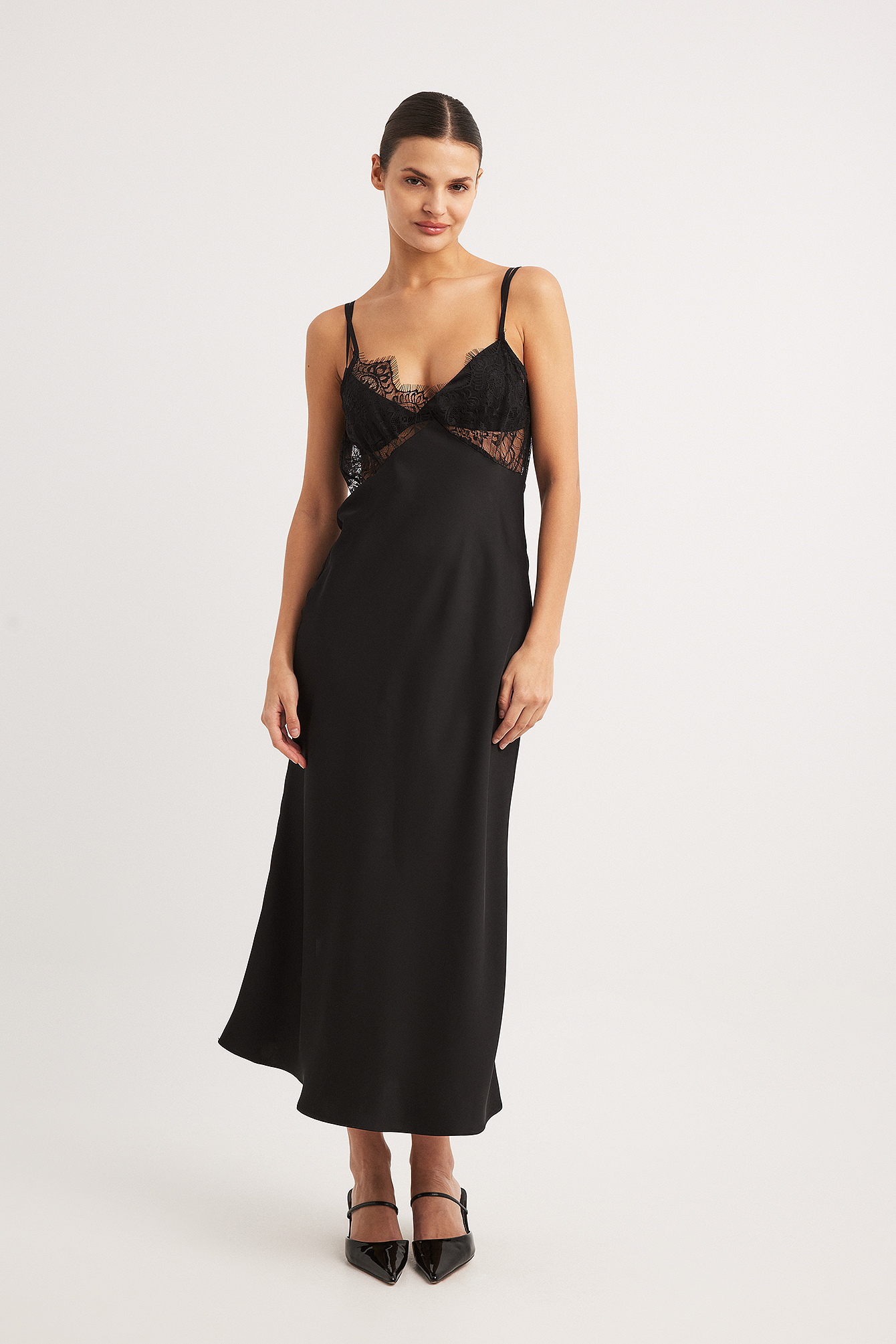 Satin Lace Detail Midi Dress Black NA-KD - Main Image