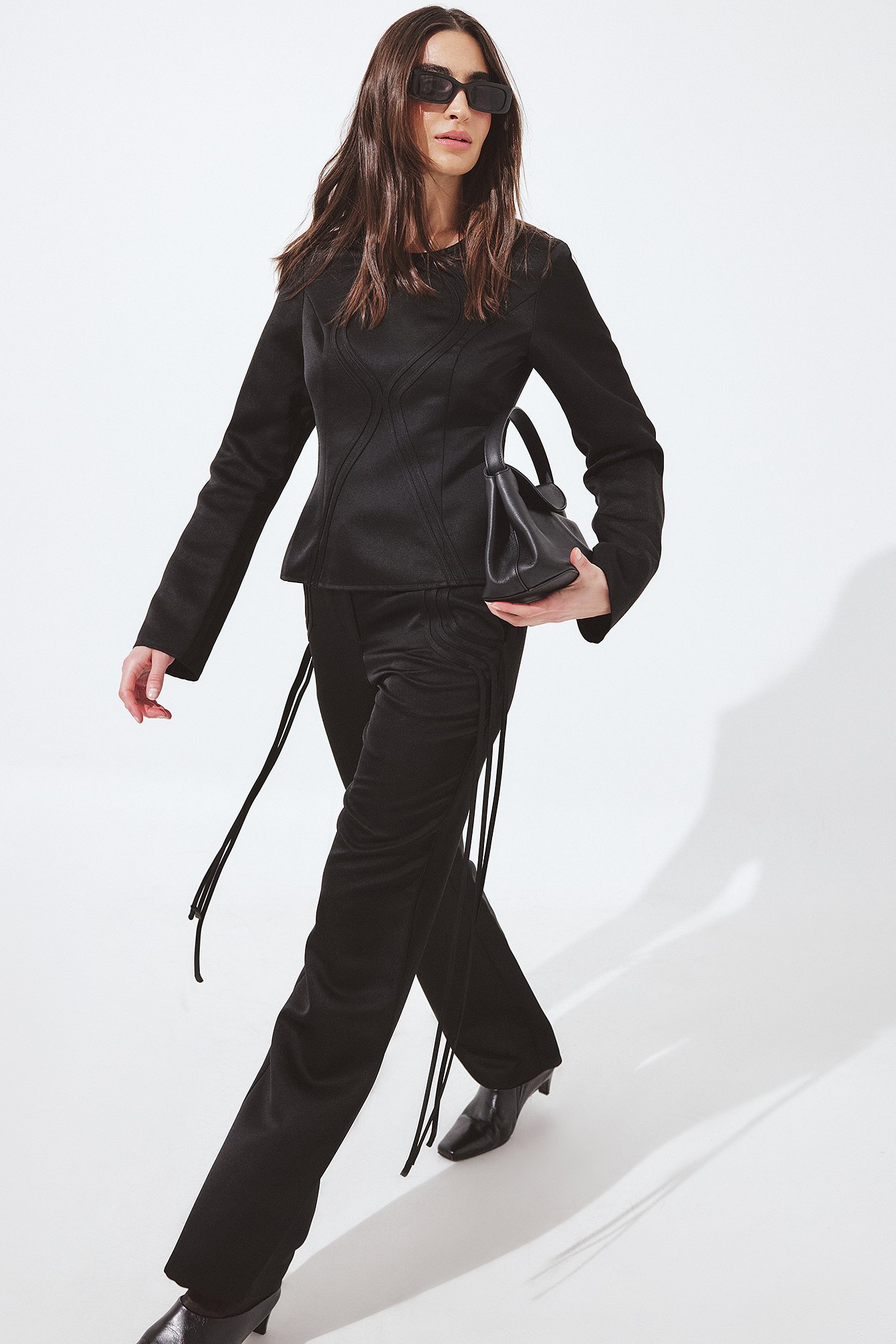 Jourdan Sloane x NA-KD Satin Fringe Detail Trousers - Straight Leg Pants - Black - EU 38 - NA-KD / NAKD