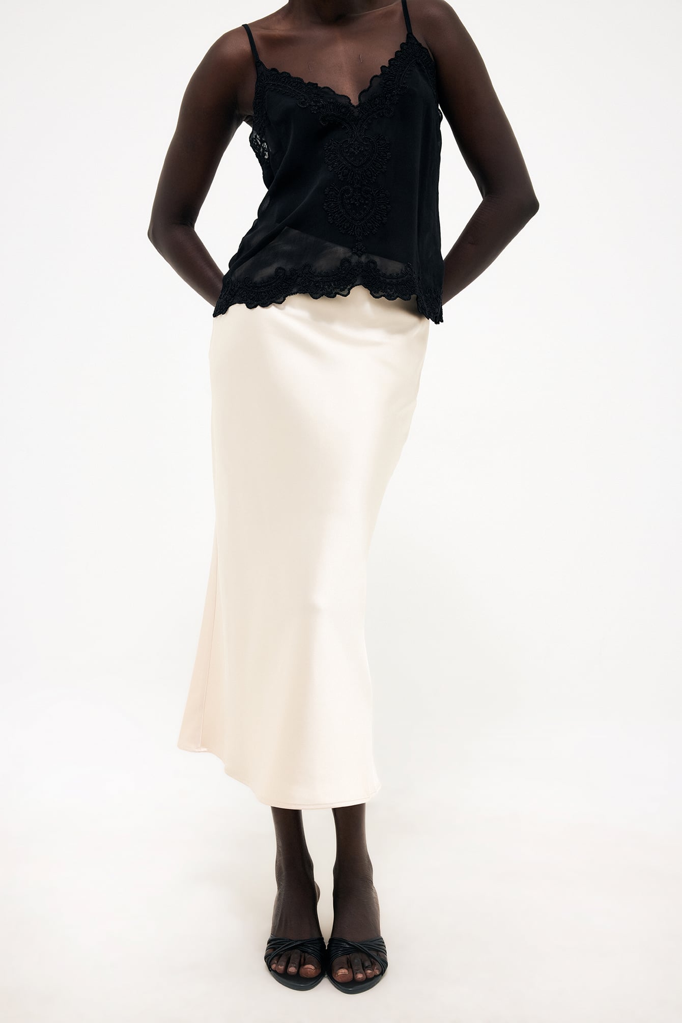 Champagne Satin Midi Skirt
