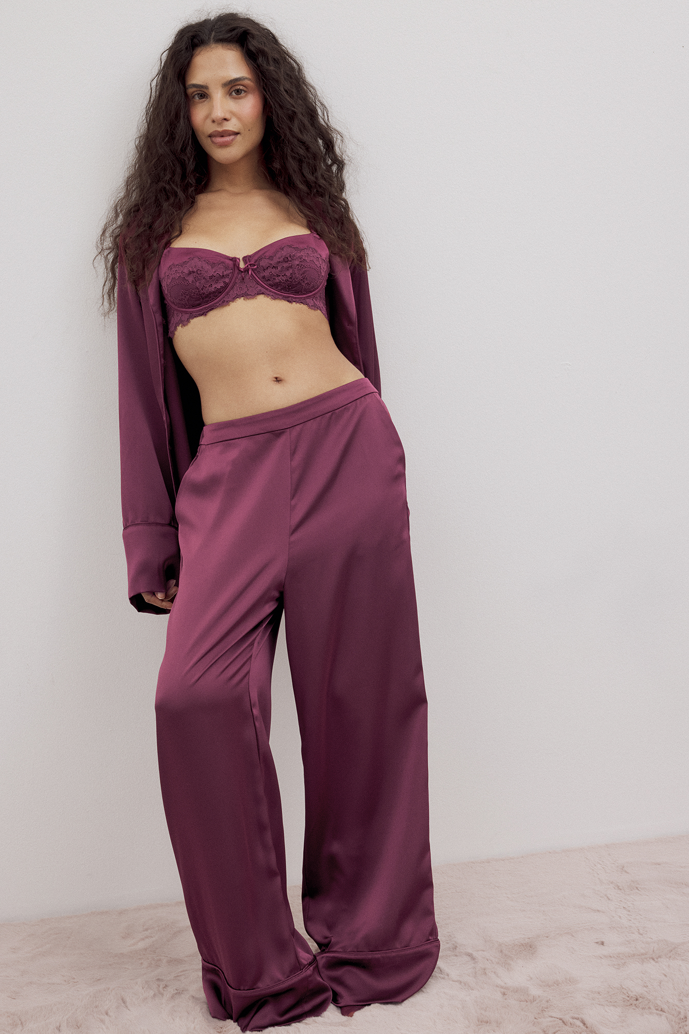- Pyjamasbukse i sateng med panel - Nattøy - Burgundy - XS - NA-KD / NAKD