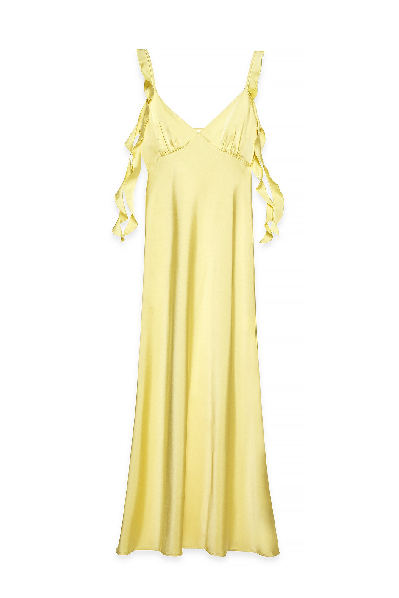 Yellow Satin Ruffle Shoulder Maxi Dress