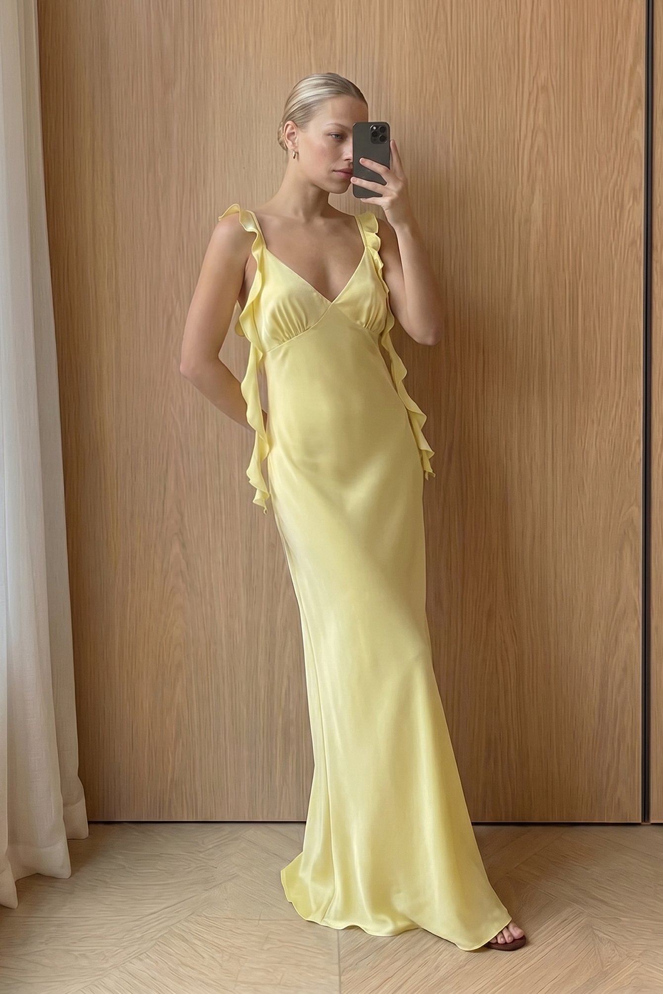 Satin Ruffle Shoulder Maxi Dress - Ruffle Dresses - Yellow - EU 36 - NA-KD / NAKD