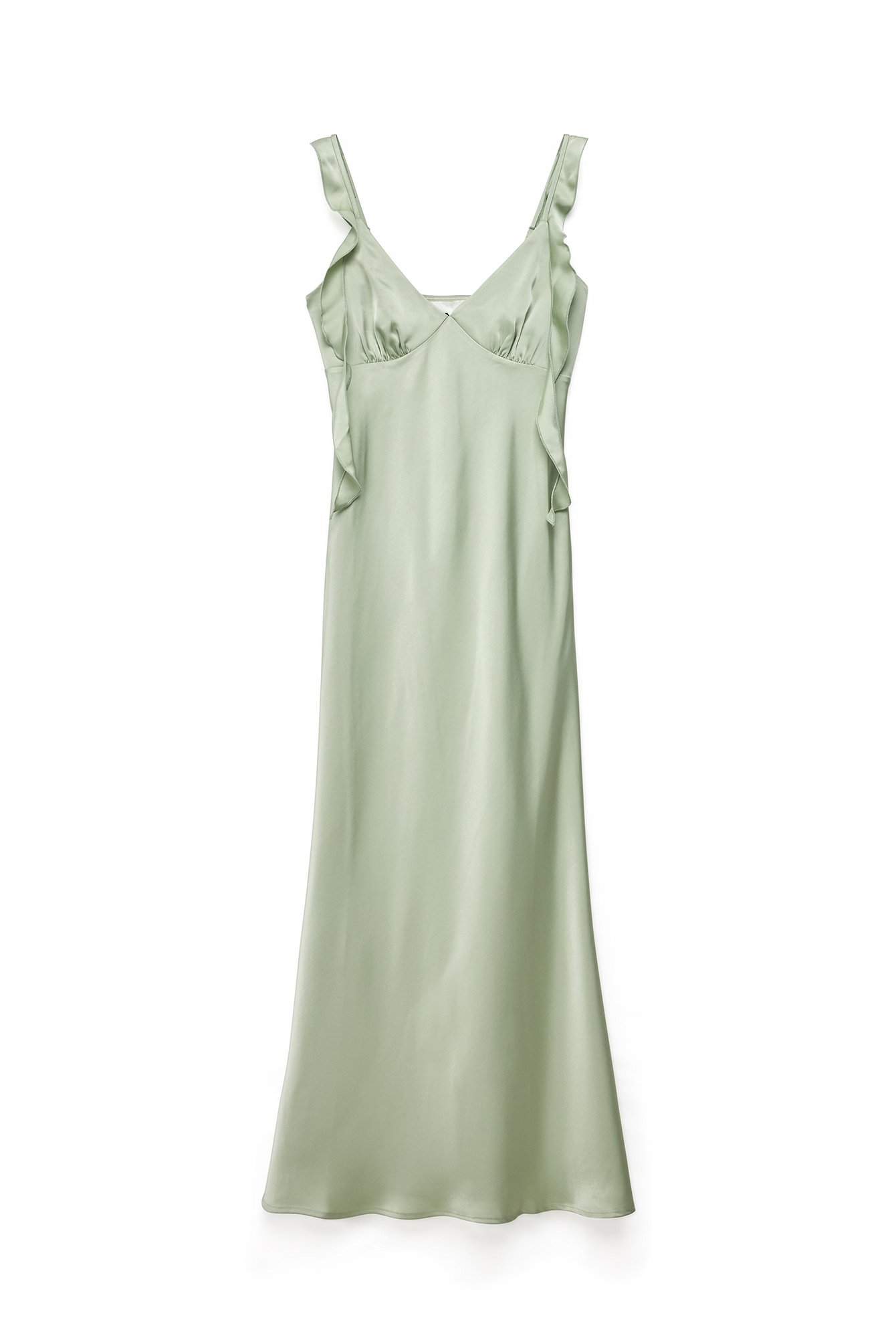 Sage Green Satin Ruffle Shoulder Maxi Dress