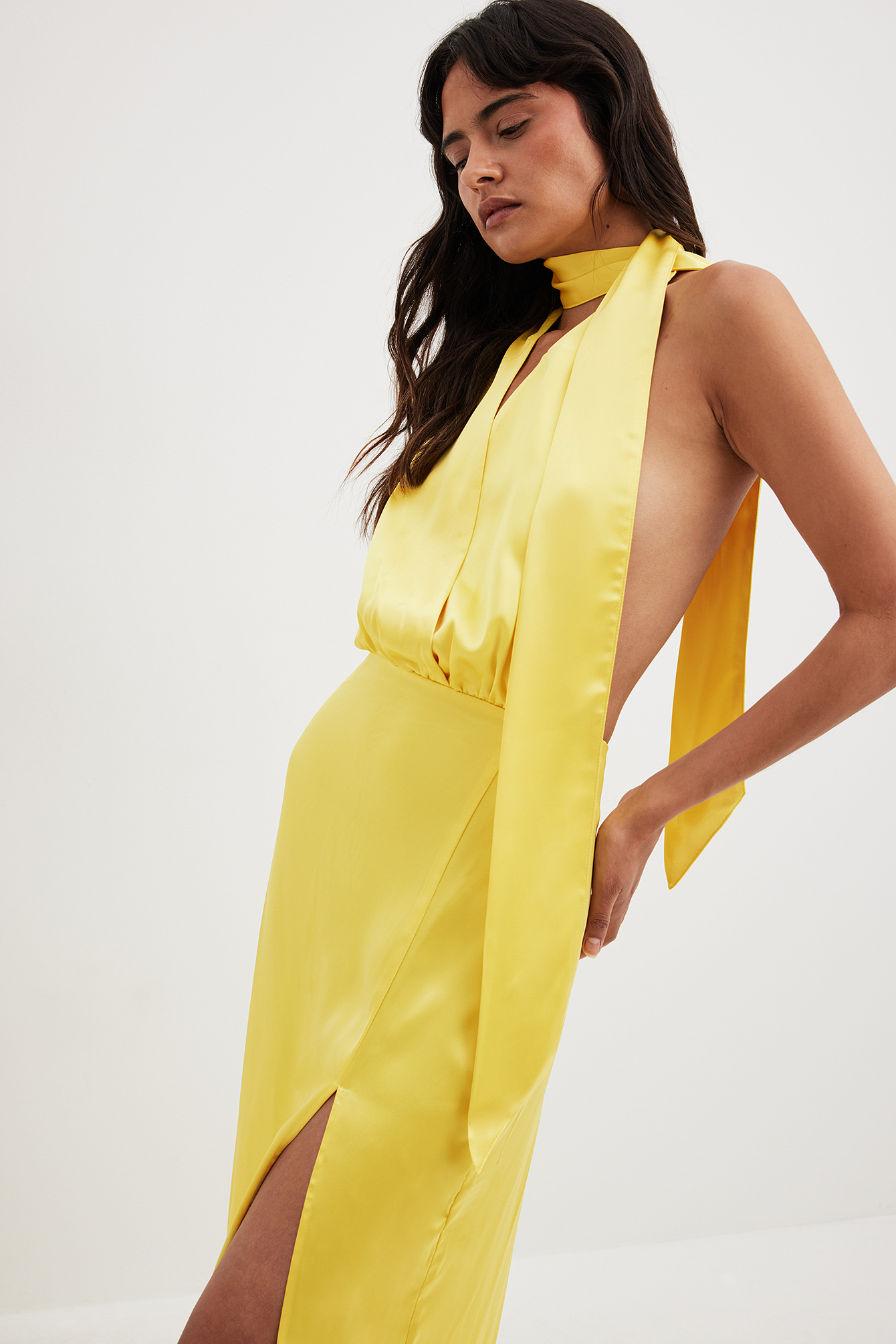 Satin Scarf Maxi Dress Yellow | NA-KD Satin Scarf Maxi Dress Yellow | NA-KD