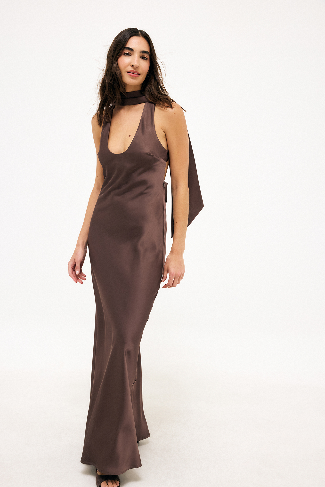 rhode pia dress brown Zapaka Women Brown Satin Long Bridesmaid Dress Cowl Neck Mermaid Wedding Guest Dress, Brown / US12 main image 0
