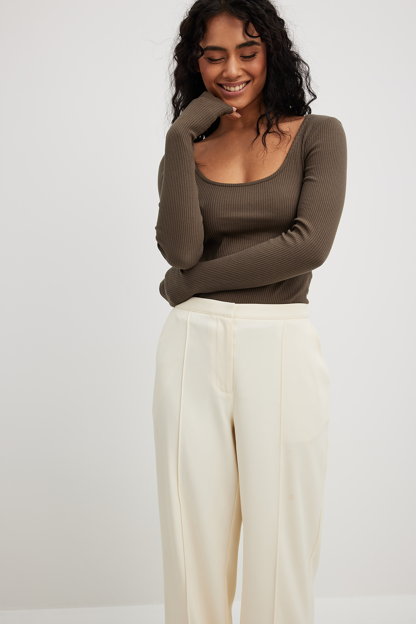 NA-KD Basic Scoop Neck Ribbed Top - Basic Tops - Brown - Small - NA-KD / NAKD