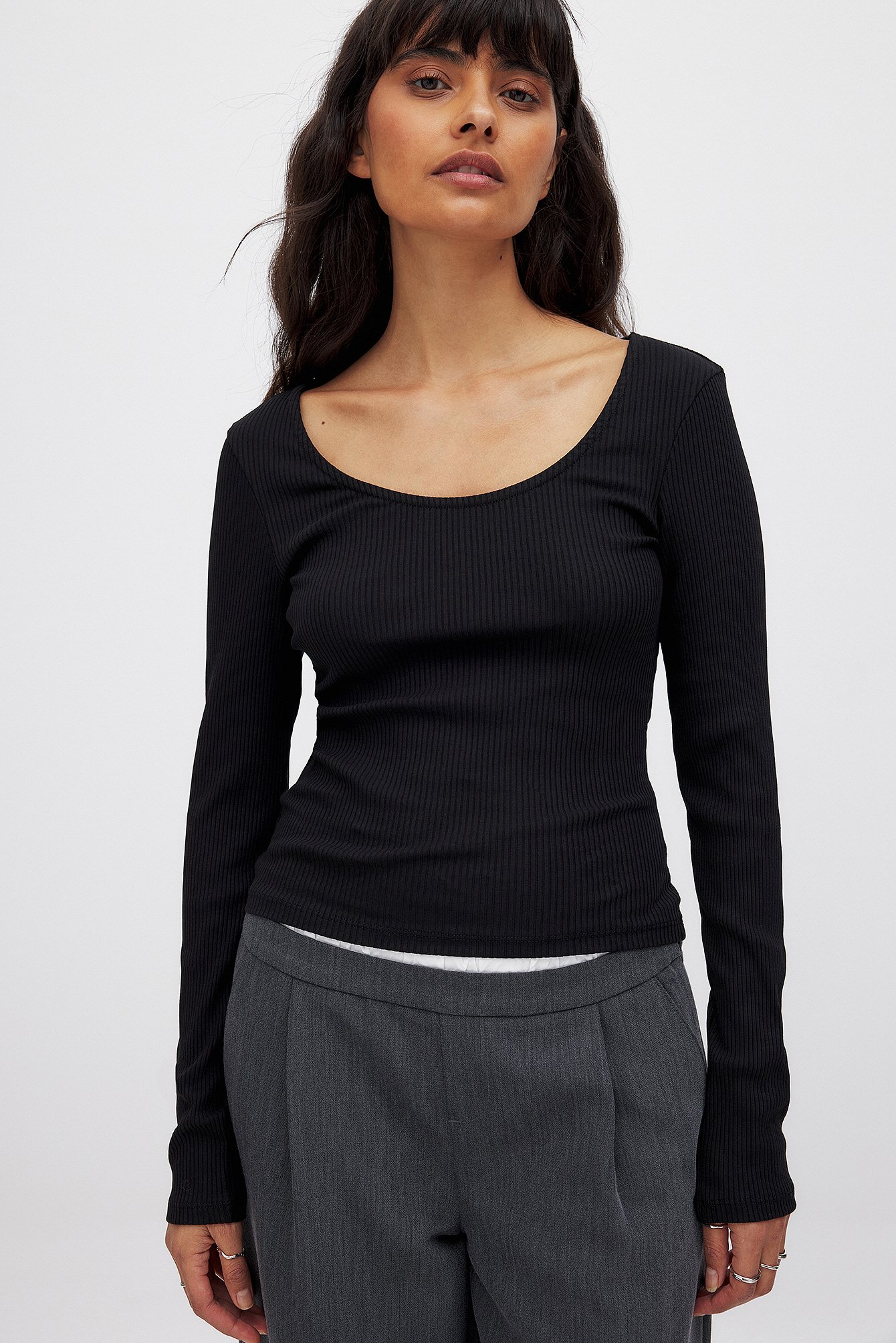 Scoop Neck Ribbed Top - Basic Tops - Black - S - NA-KD / NAKD