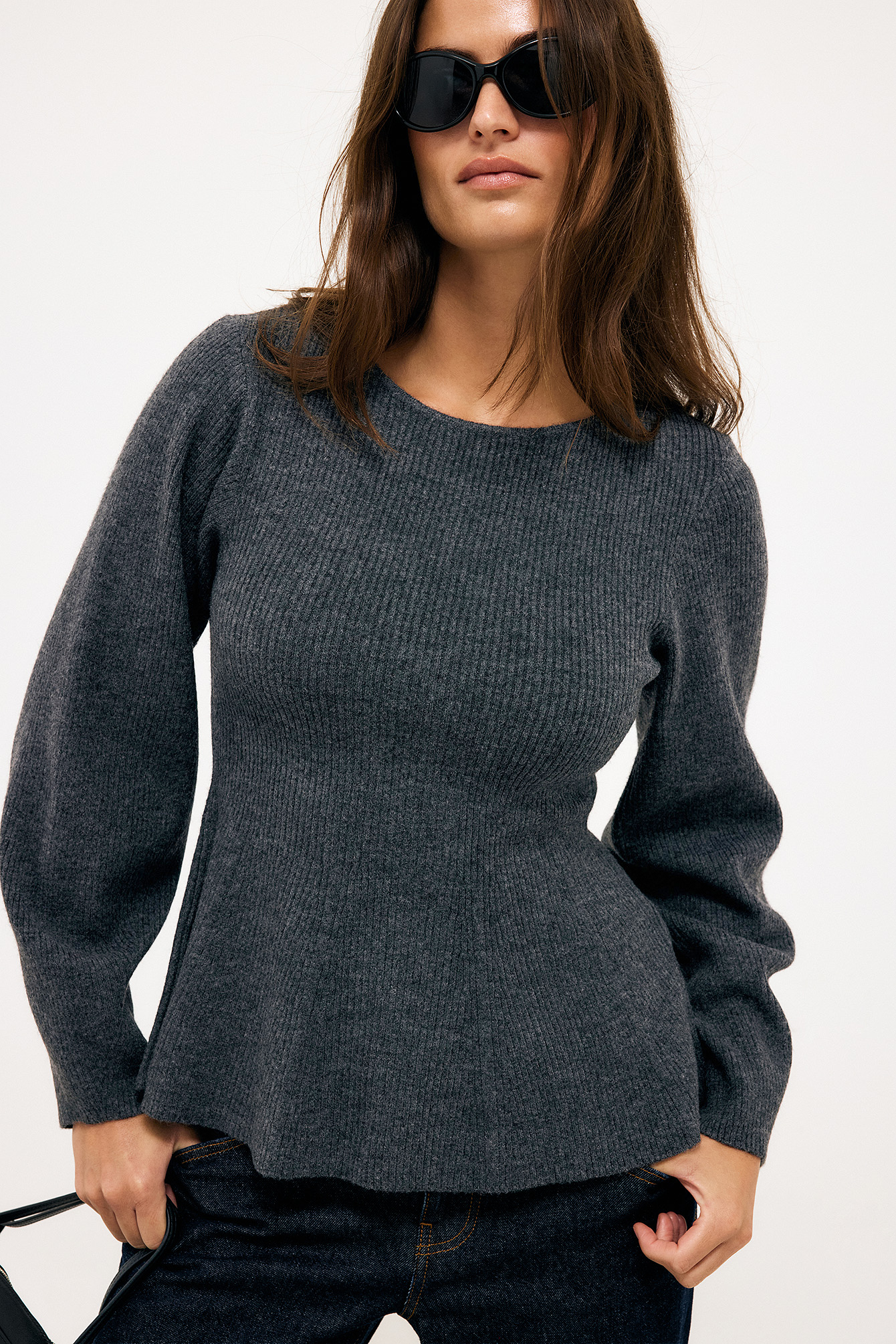 Seam Detailed Peplum Knitted Sweater Grey | NA-KD