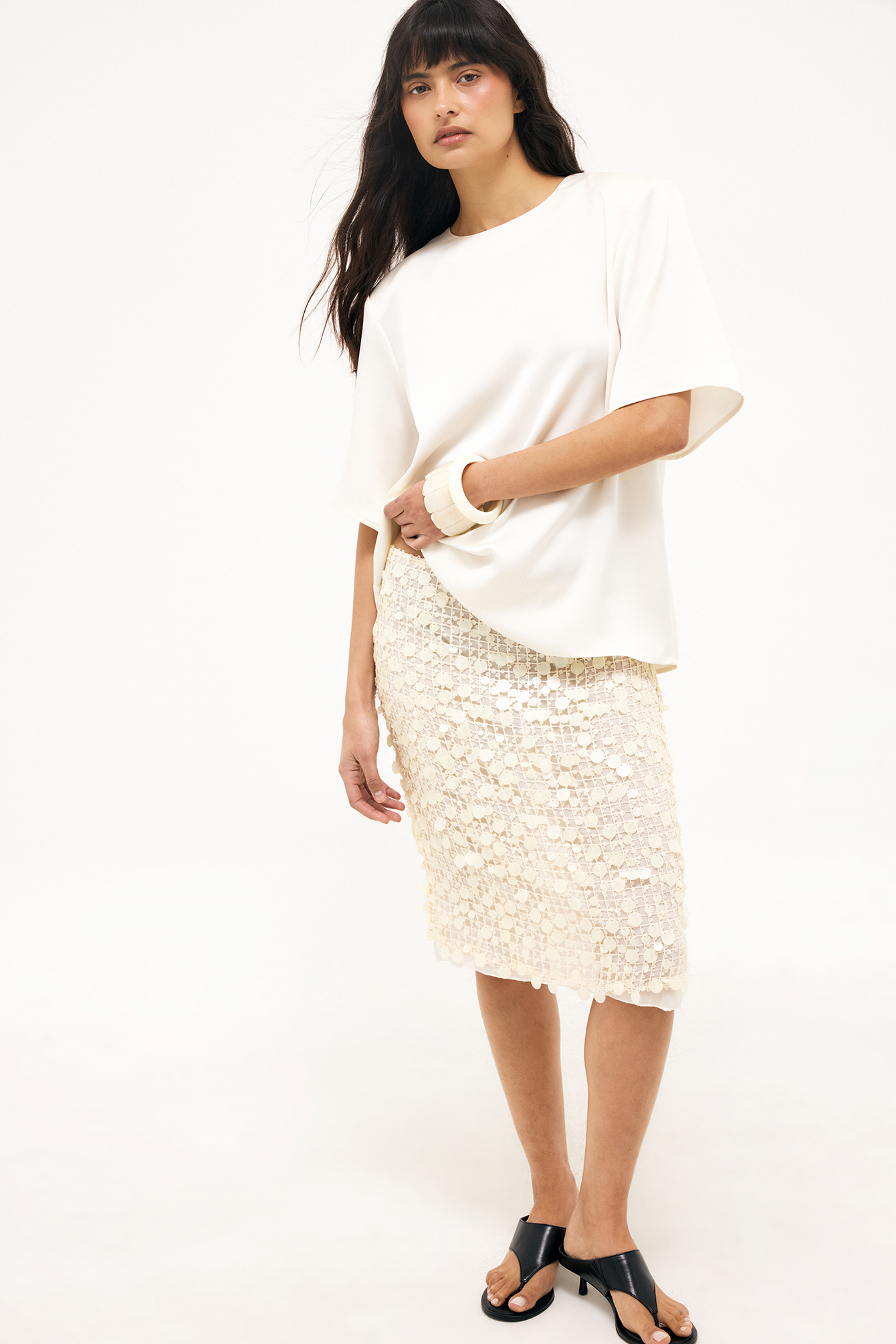 Sequin Knee Length Skirt - Midi Skirts - Beige - EU 32 - NA-KD / NAKD