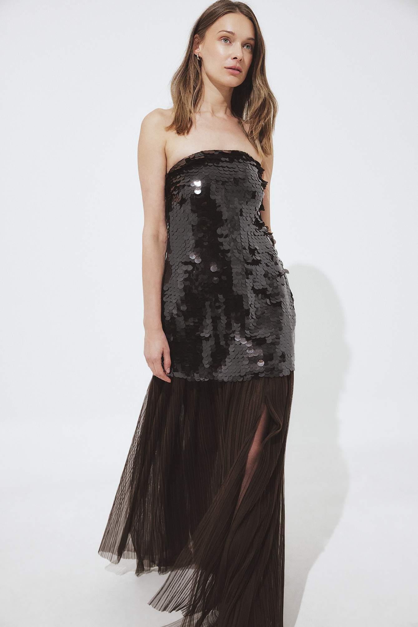 Janni Delr x NA-KD Sequin Bandeau Maxi Dress - Strapless Dresses - Brown - EU 36