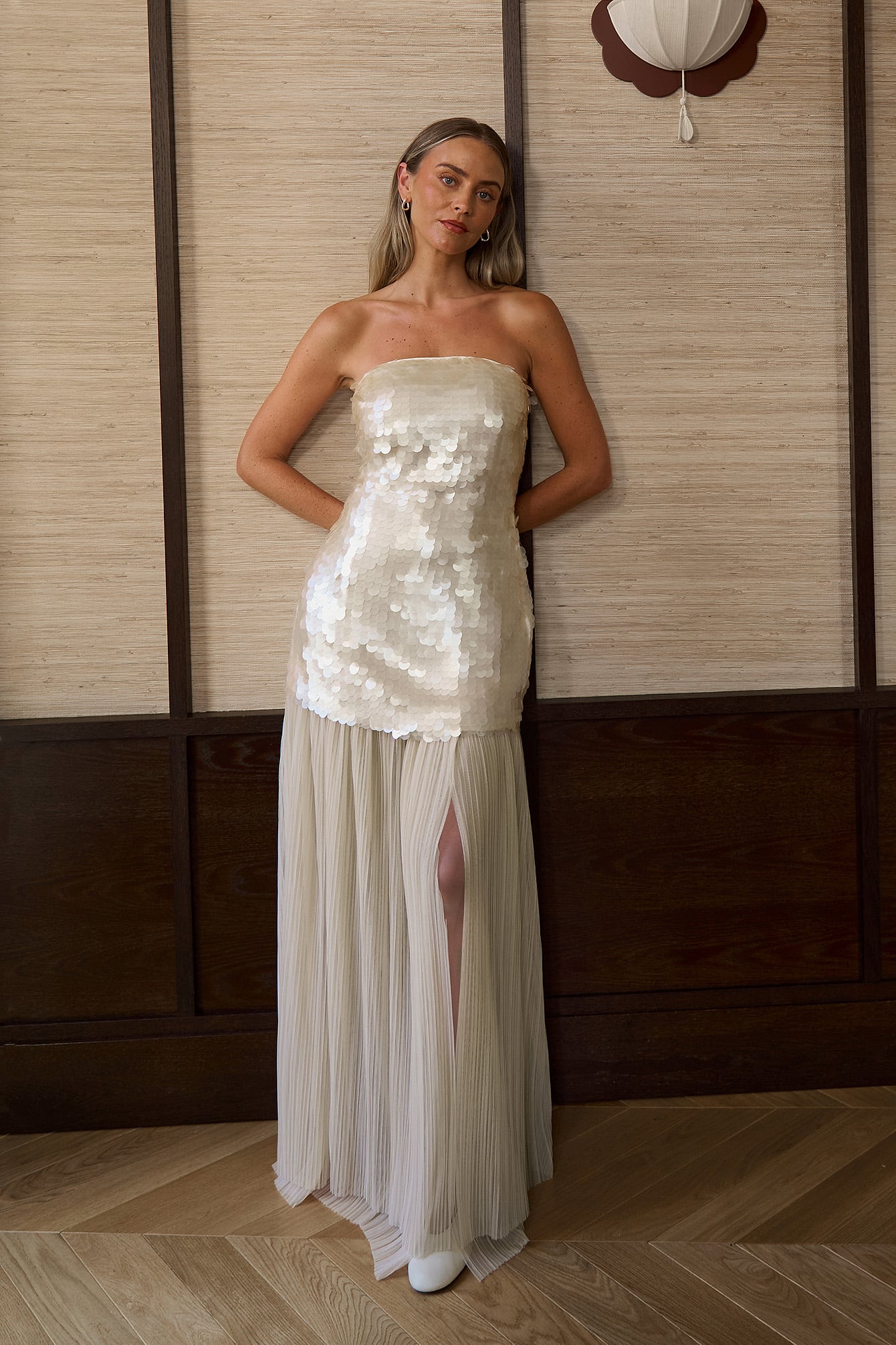 embellished bandeau maxi dress in beige embellished Bandeau Cowl Neck Maxi dress in Beige - 6