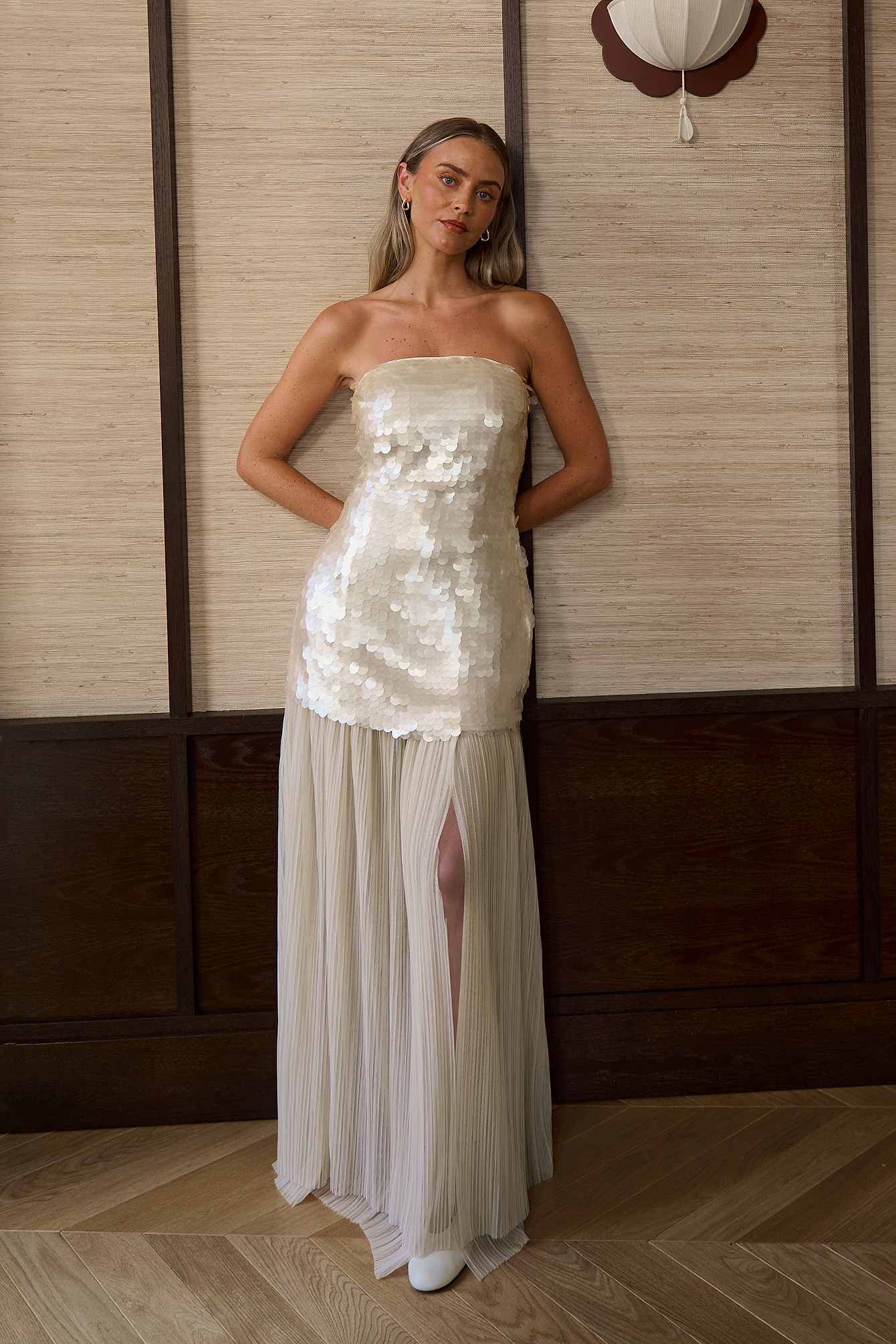 Sequin Bandeau Maxi Dress - Strapless Dresses - Beige - EU 40 Sequin Bandeau Maxi Dress - Strapless Dresses - Beige - EU 40
