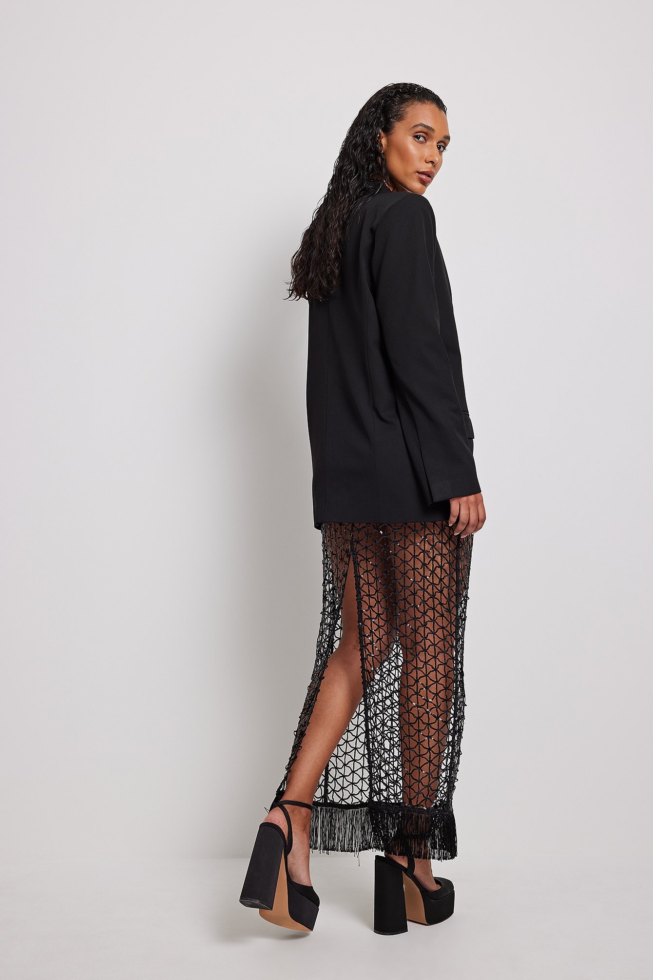 Black Sequins Net Maxi Skirt