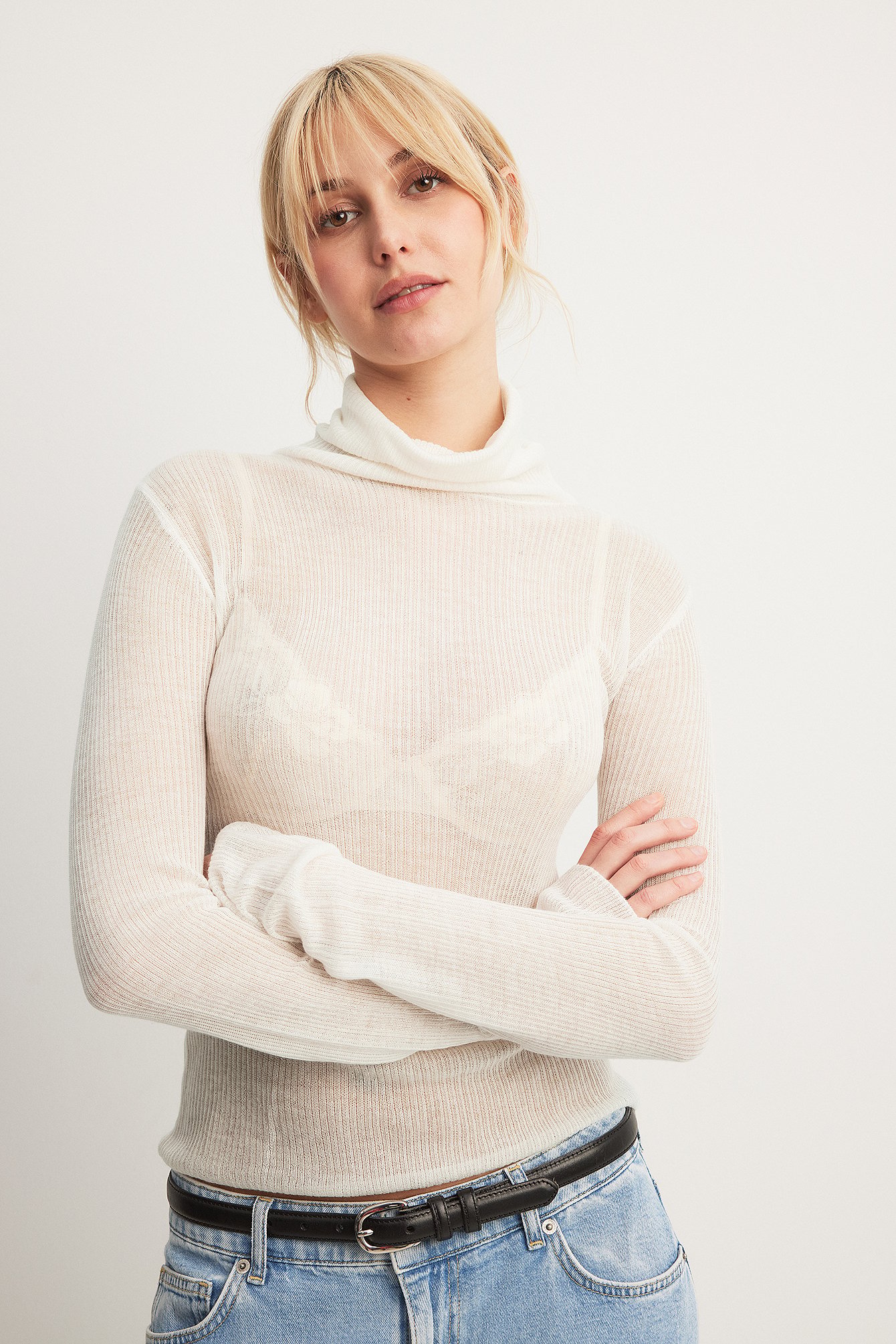 NA-KD Genomskinlig stickad turtleneck - Polotoppar - Vit - X-Small - NA-KD / NAKD