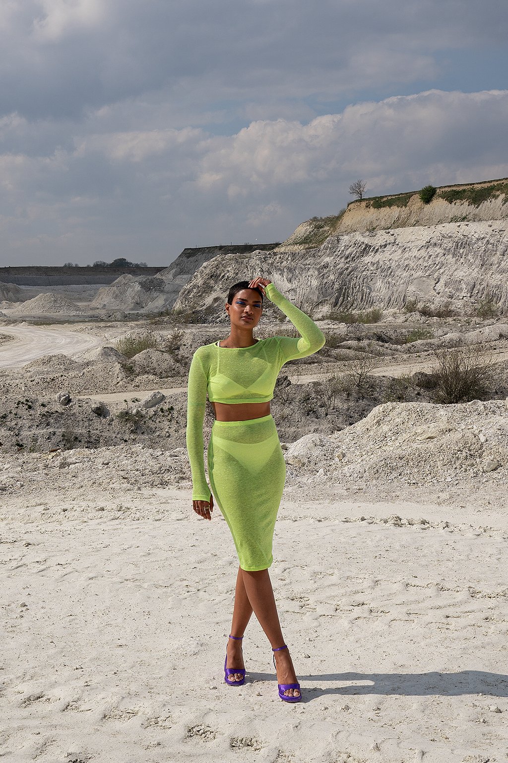 Neon Green Sheer Lurex Midi Skirt