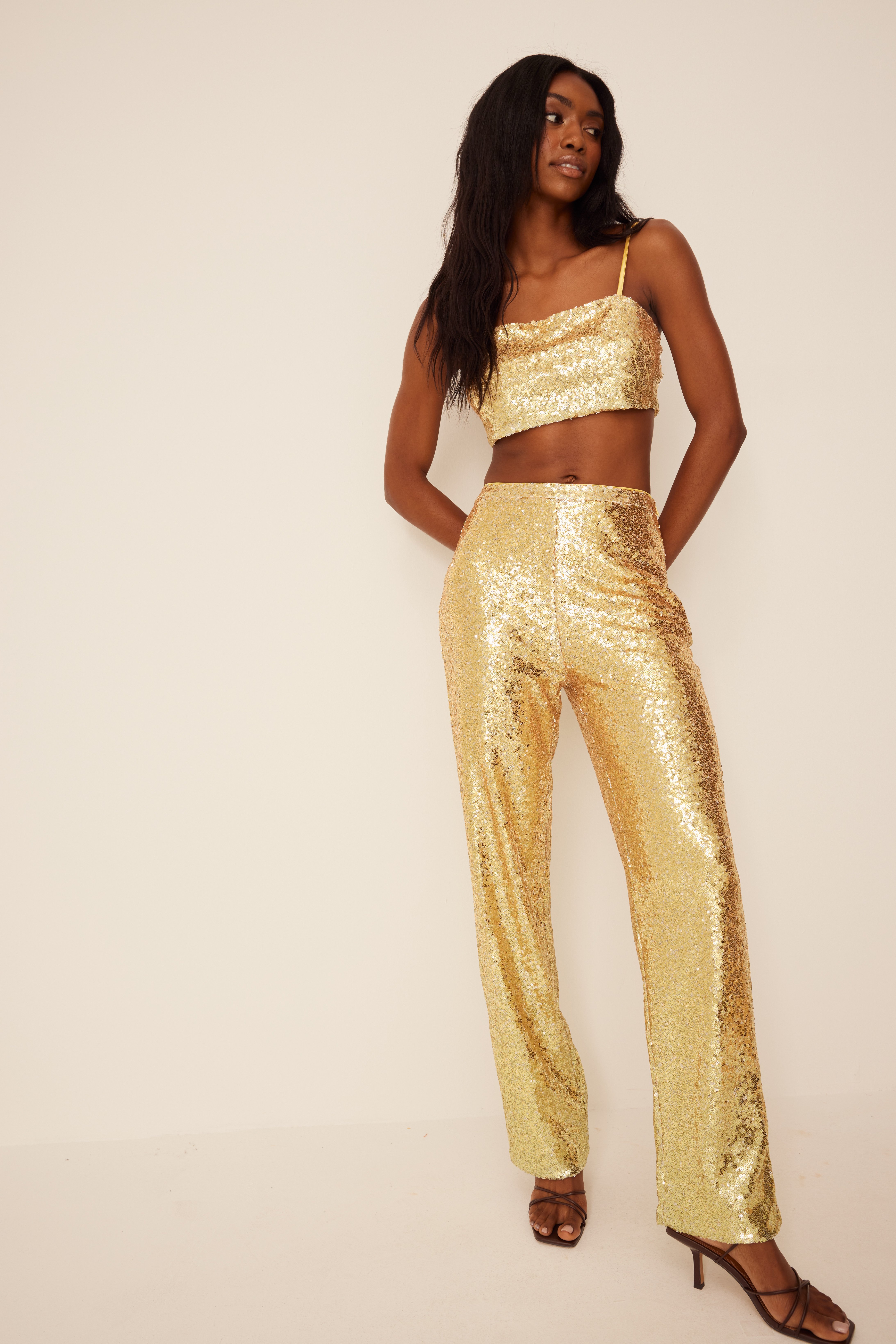 NA-KD Party Shimmering Sequin Trousers - Yellow,Gold