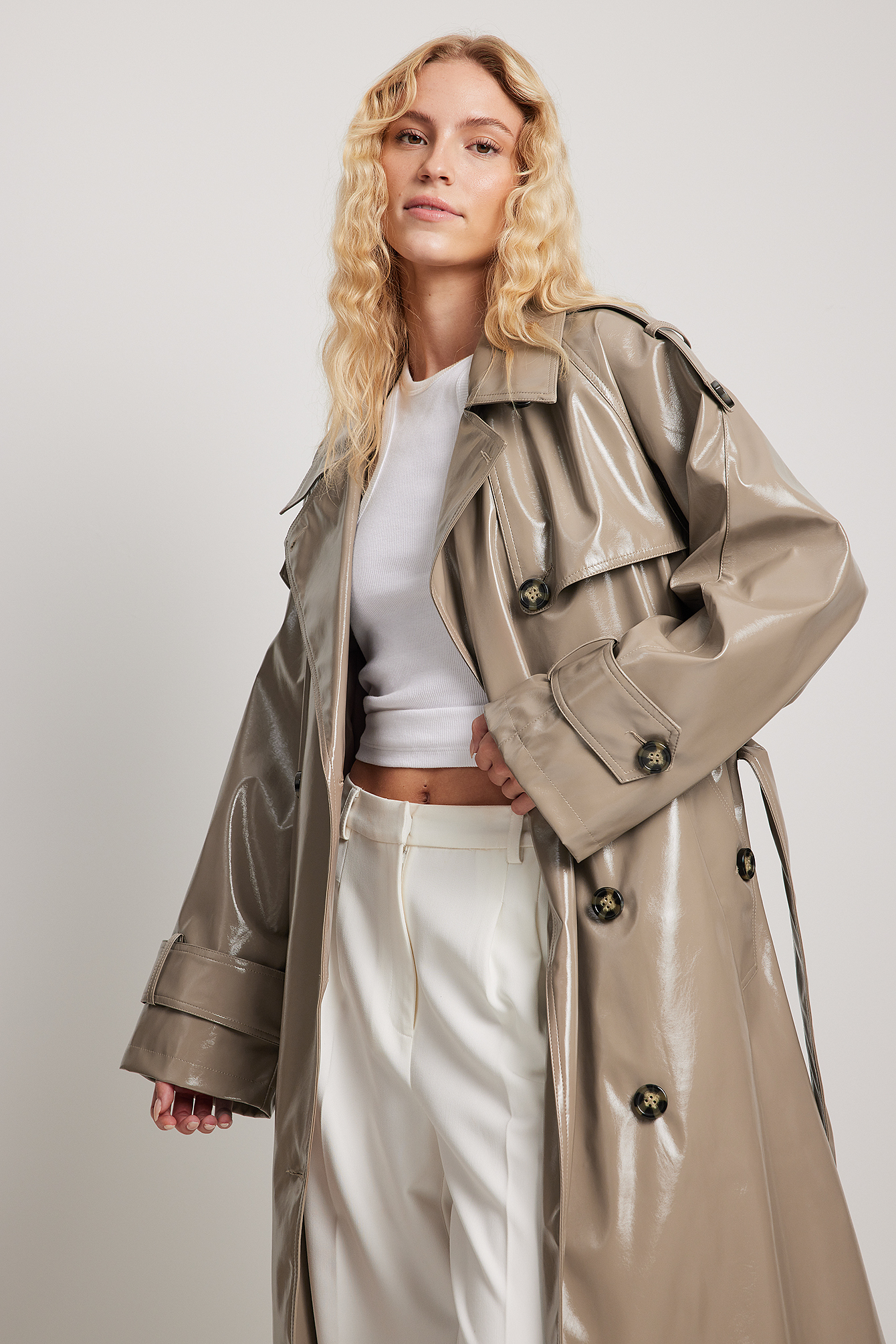 Taupe Shiny PU Belted Trench Coat