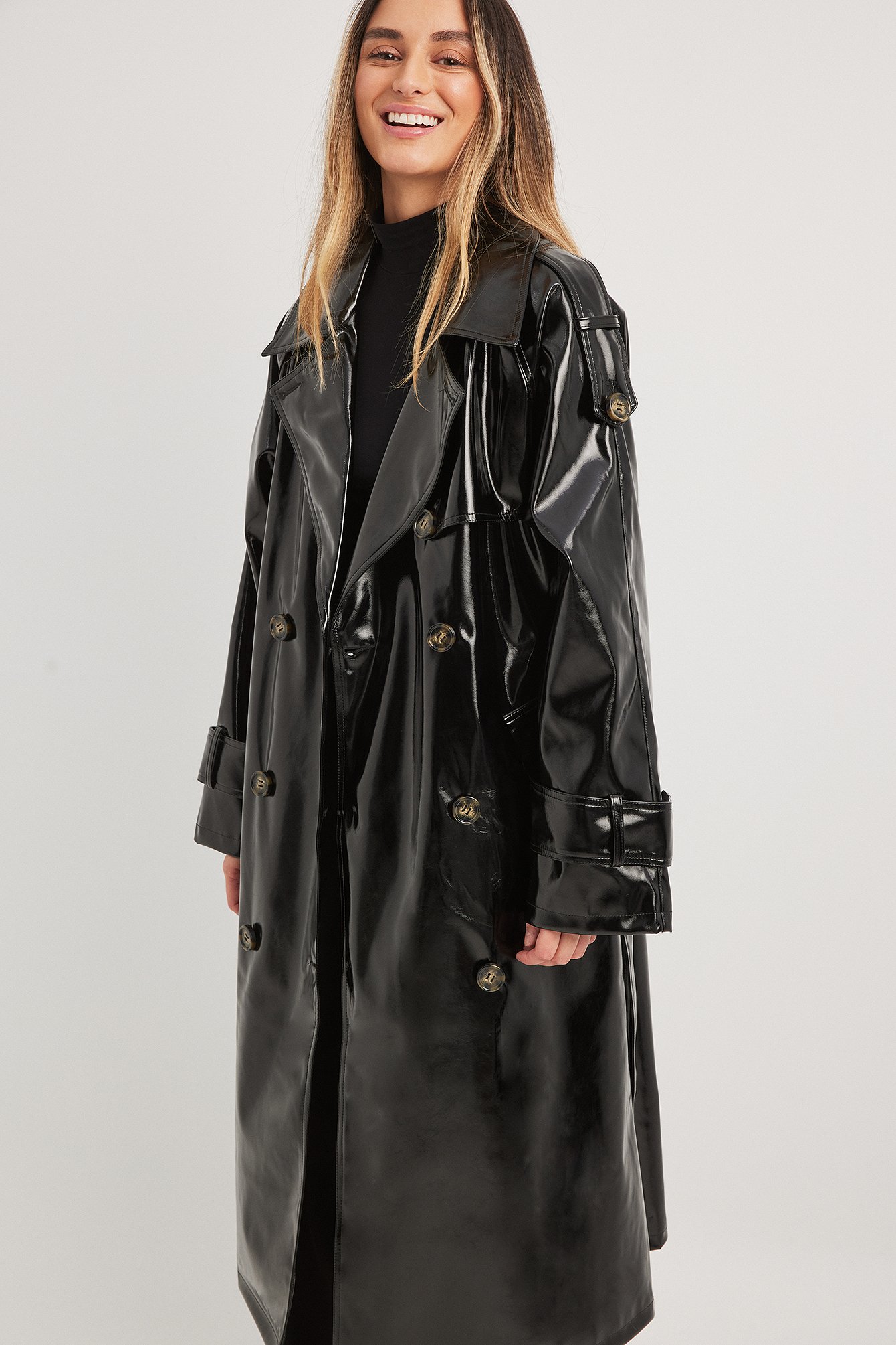 Shiny PU Belted Trench Coat Black NA-KD - Main Image