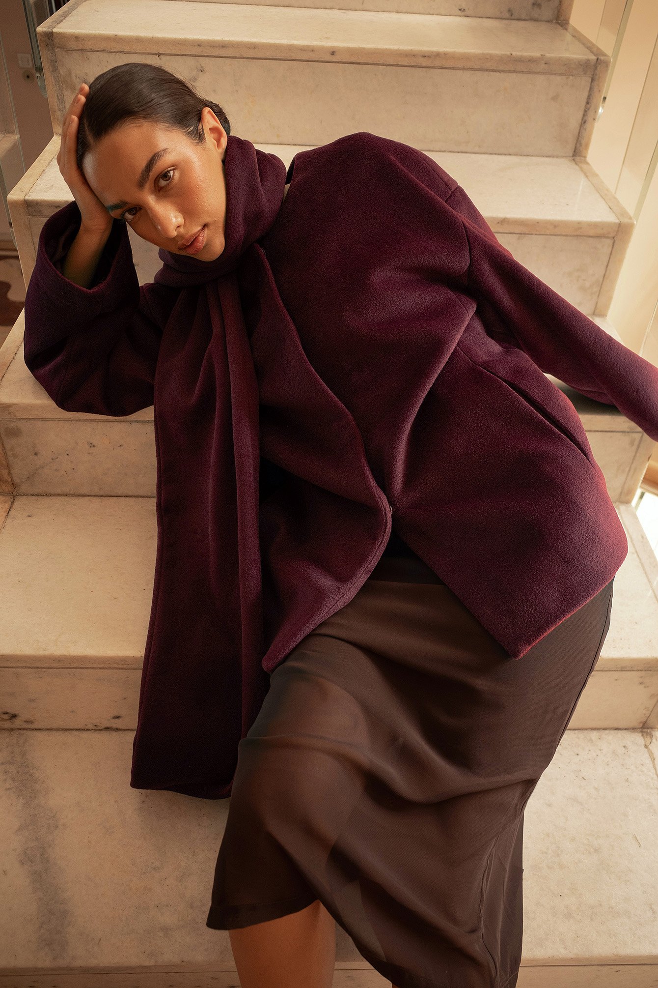 NA-KD Short Scarf Detailed Coat - Coats - Burgundy - EU 36 - NA-KD / NAKD