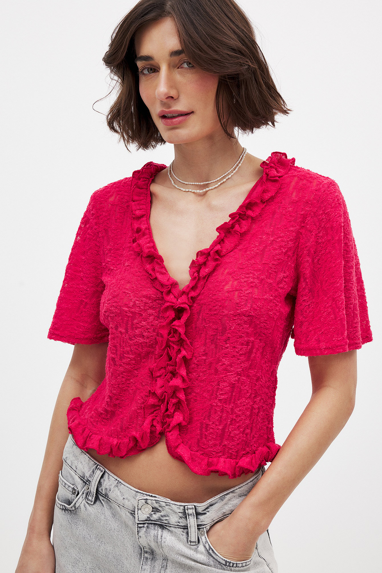 NA-KD Short Sleeve Frill Top - Tops - Red - L (EU 42-44) - NA-KD / NAKD