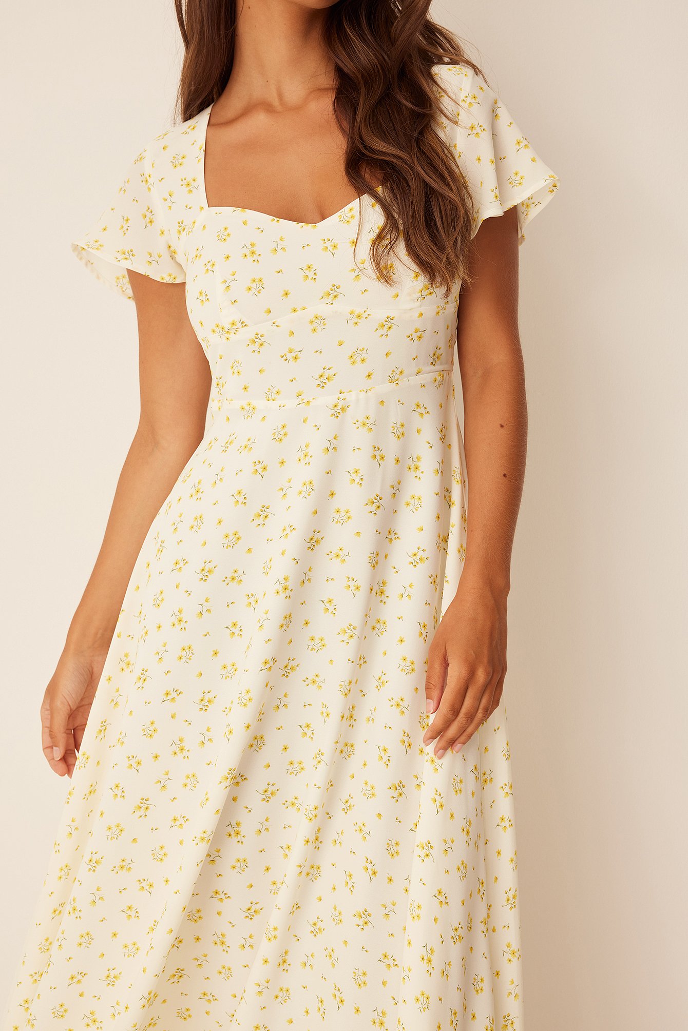 Yellow Flower Print Kurzärmeliges Kleid