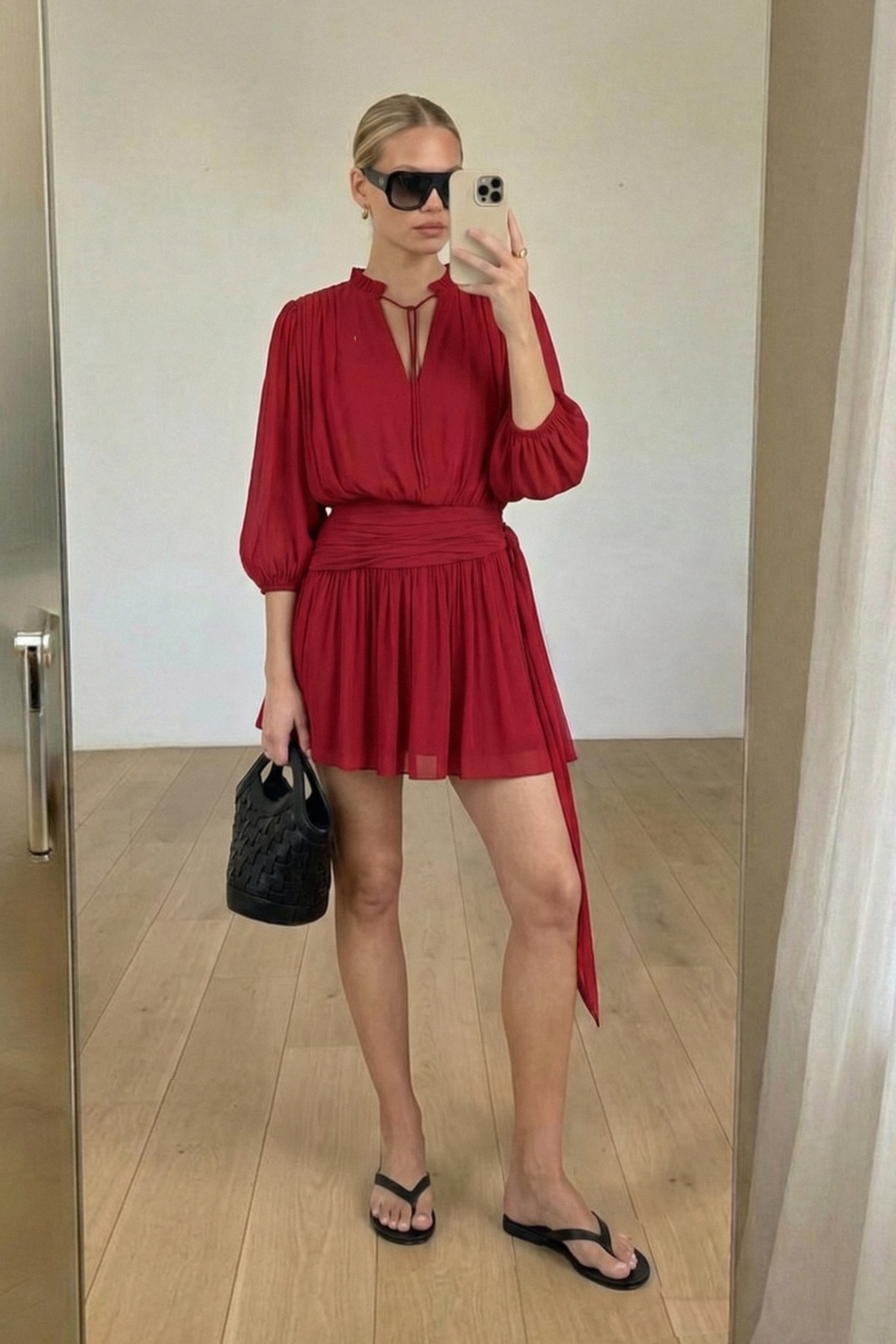 Mini-jurk met korte mouwen en strikceintuur - Pofmouw Jurken - Rood - EU 32 - NA-KD / NAKD