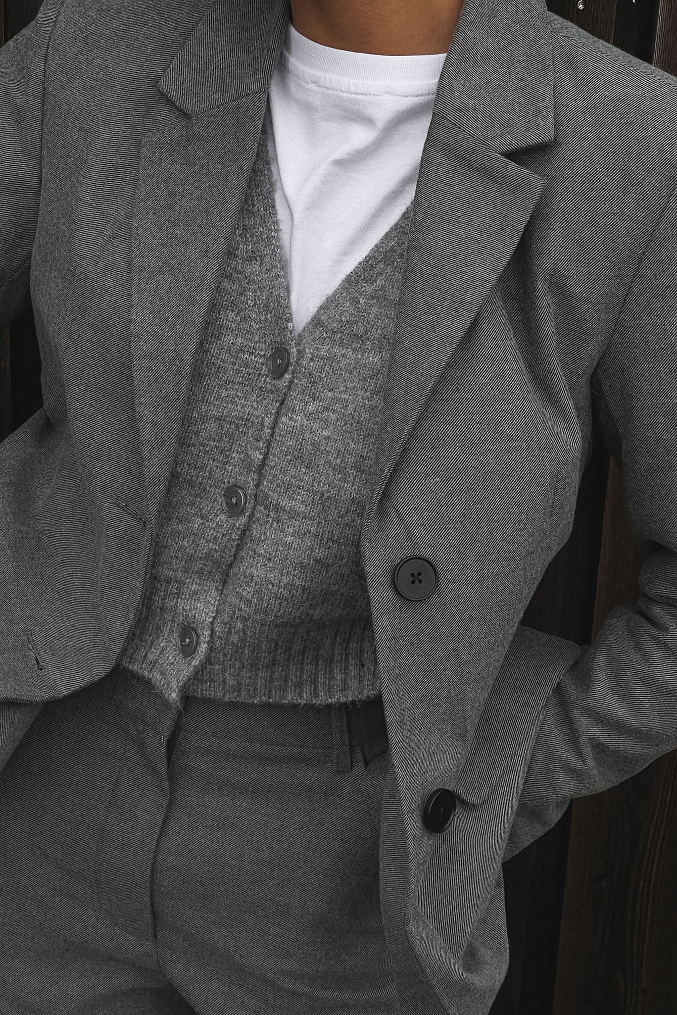 Grey Melange Short V-neck Buttoned Knitted Cardigan
