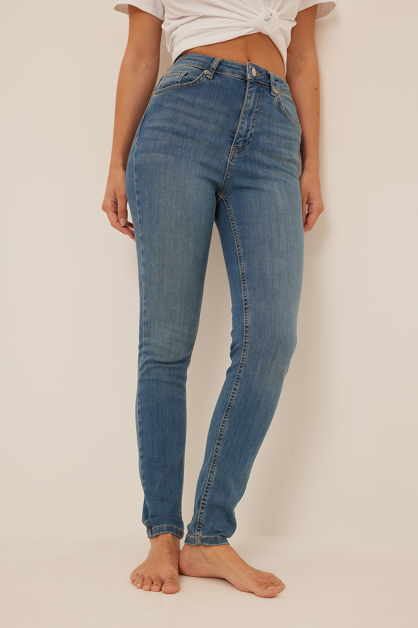 Mid Blue Organische Skinny Jeans mit hoher Taille