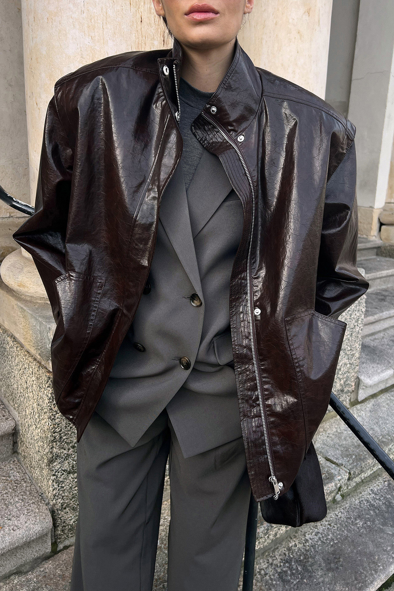 NA-KD Sleeve Detail Shiny Faux Leather Jacket - Faux-leather Jackets - Burgundy - EU 36 - NA-KD / NAKD