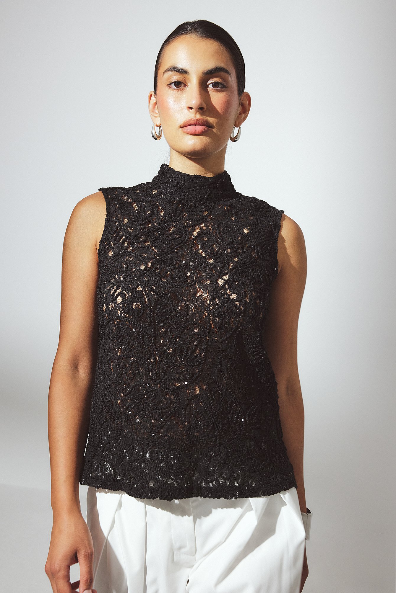 NA-KD Sleeveless Lace Top - Party Tops - Black - XL (EU 46) - NA-KD / NAKD