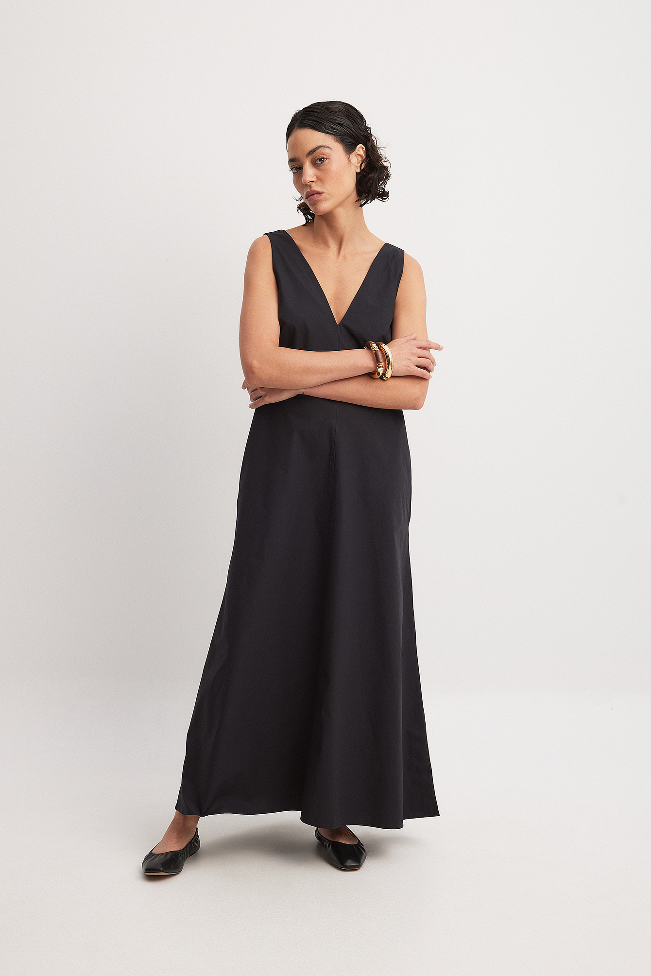 Sleeveless V Neck Cotton Maxi Dress Black NA-KD1