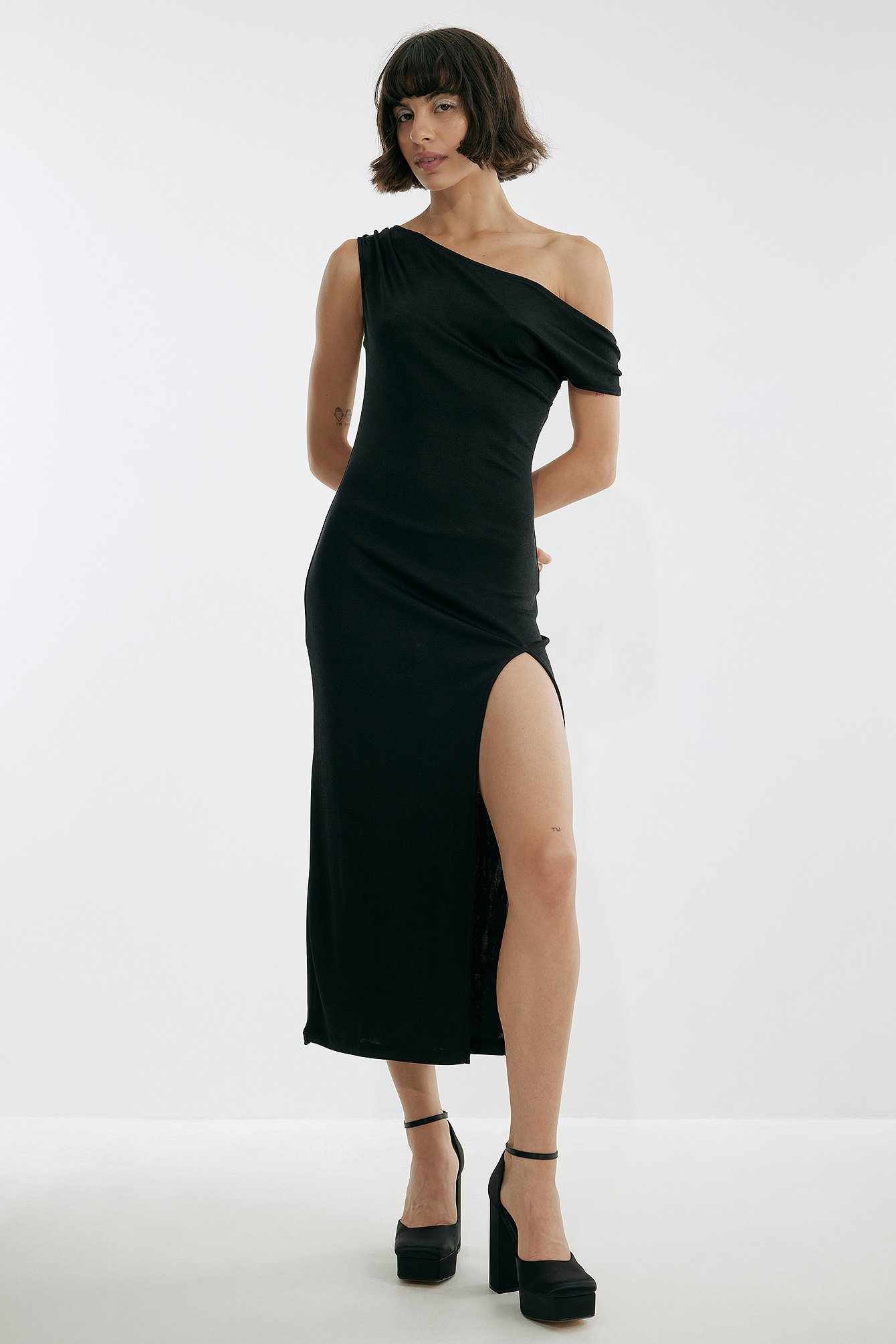 Black Slip Shoulder High Slit Dress