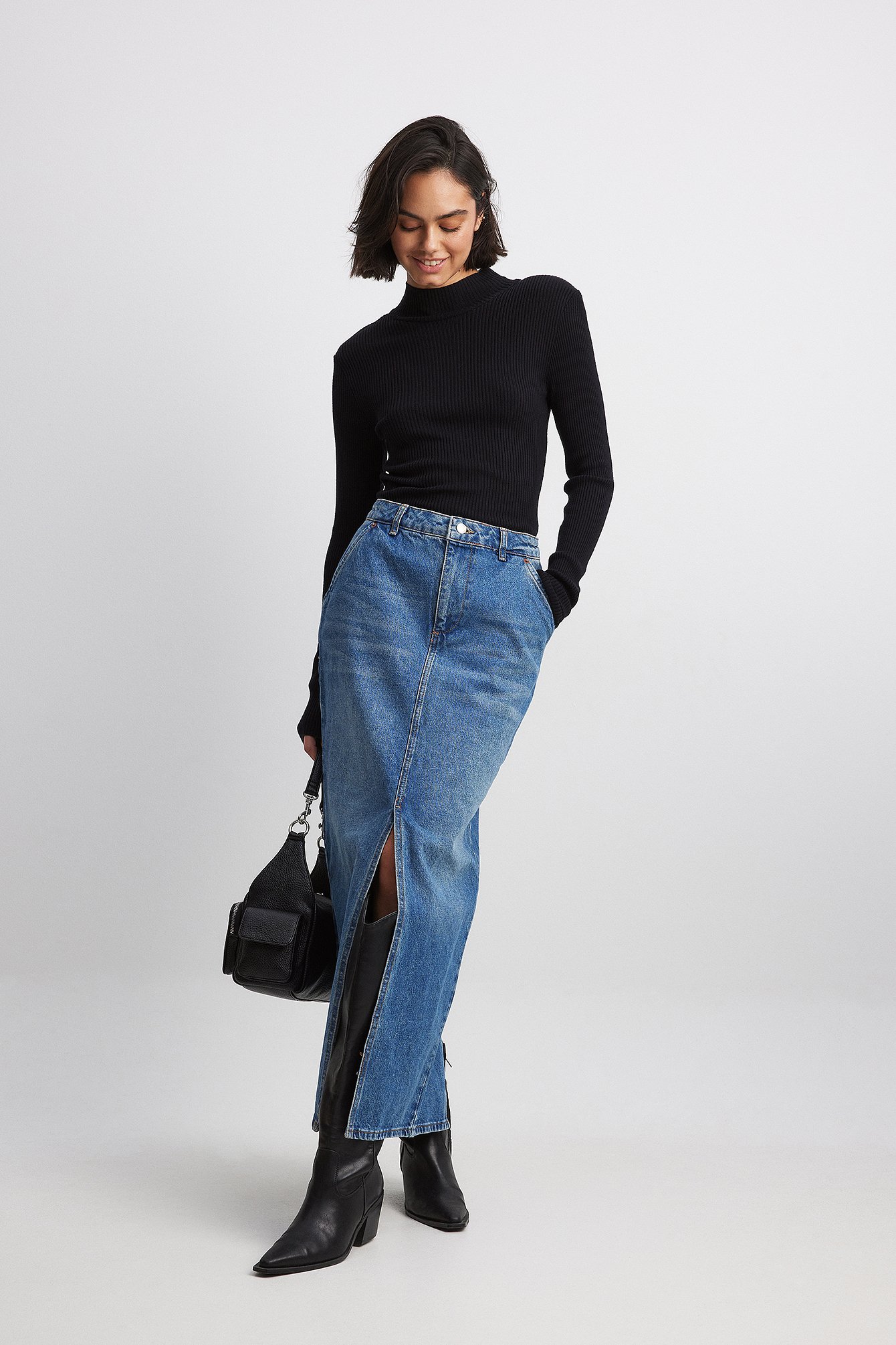 Maxi Skirt Outfit Knee Length Denim Skirt With Front Split Slit