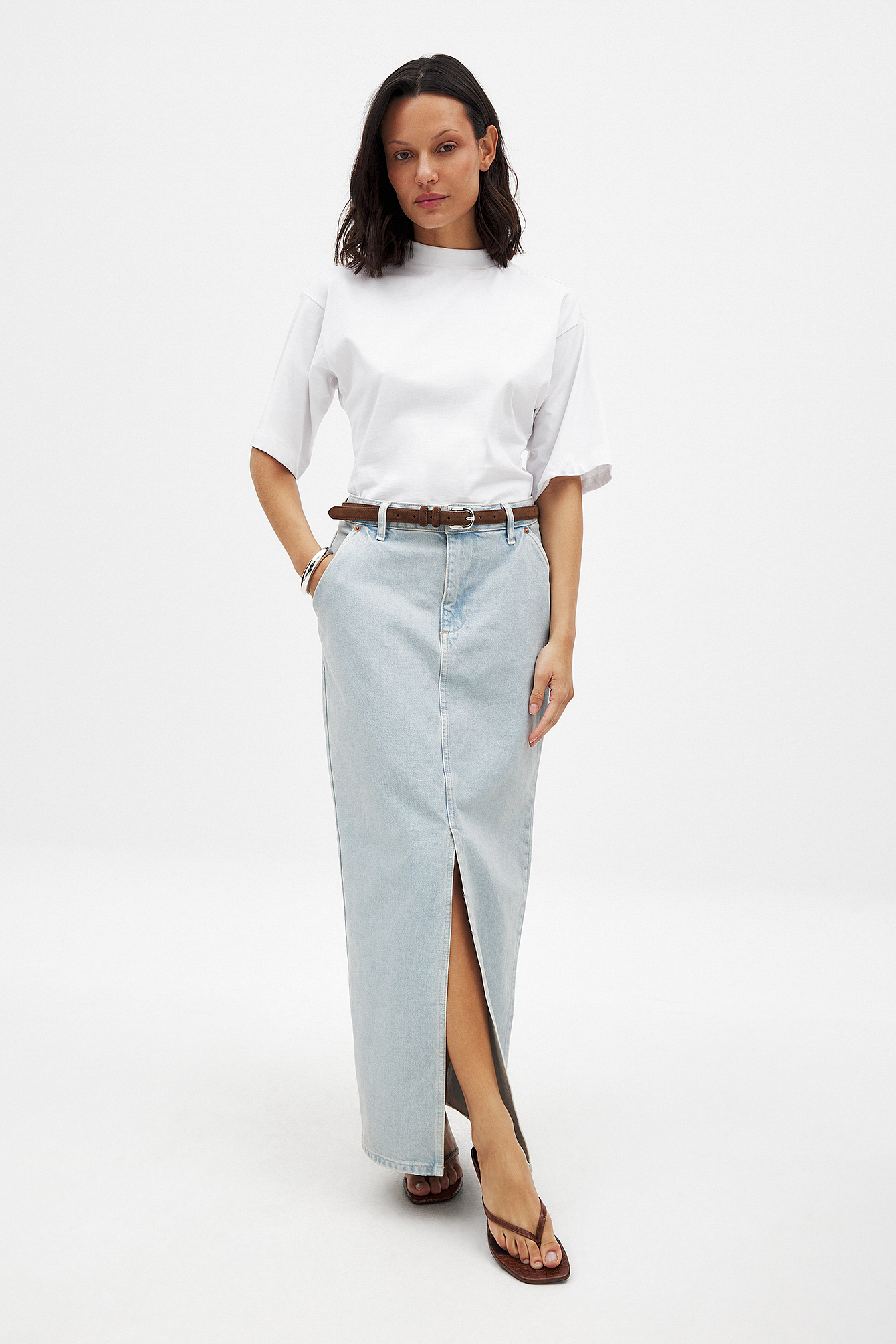Jupe longue fendue en denim Bleu NA-KD - Main Image