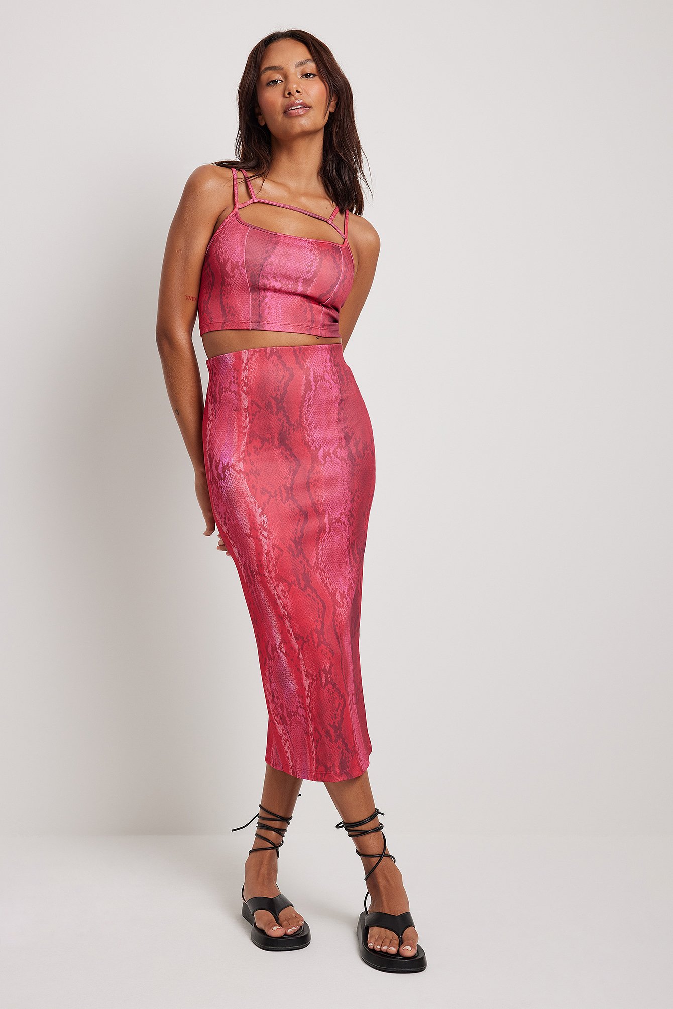 Pink Snake Slit Detailed Midi Skirt