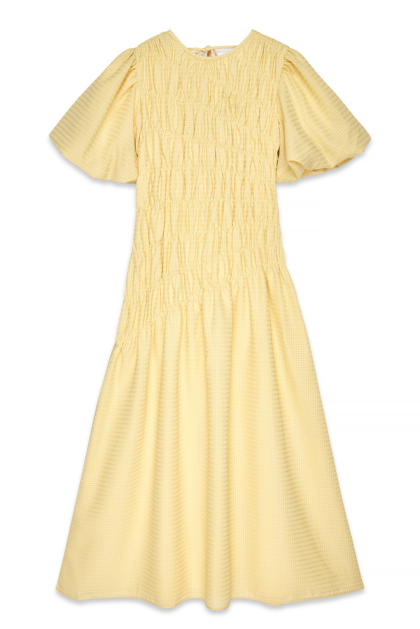 Light Yellow Smock Detail Puff Sleeve Midi Dress