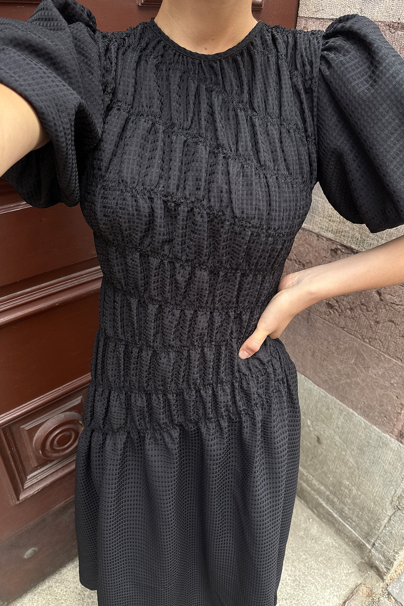 Smock Detail Puff Sleeve Midi Dress Black NA-KD - Main Image