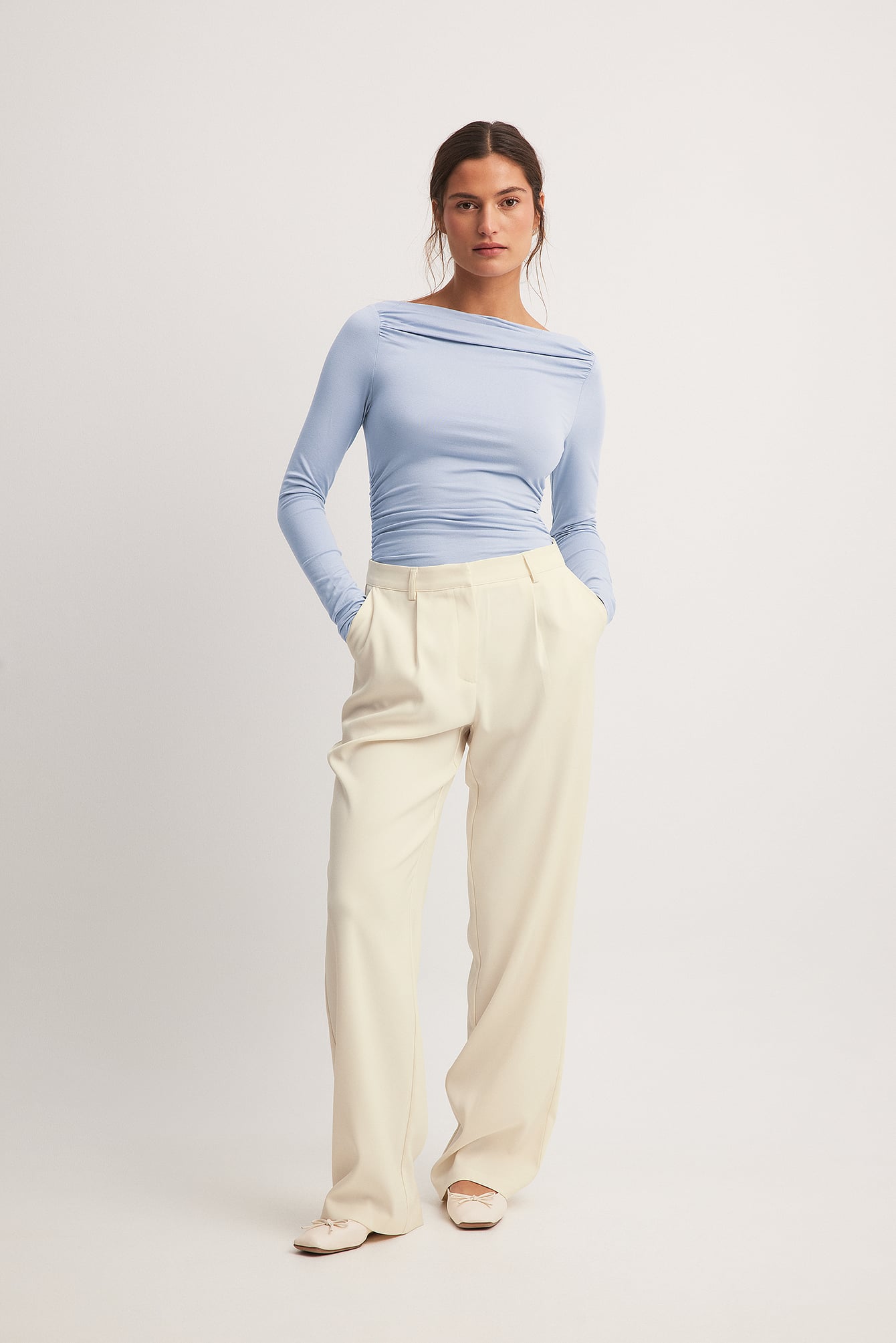 Draped Long Sleeve Top - Beige main image 1