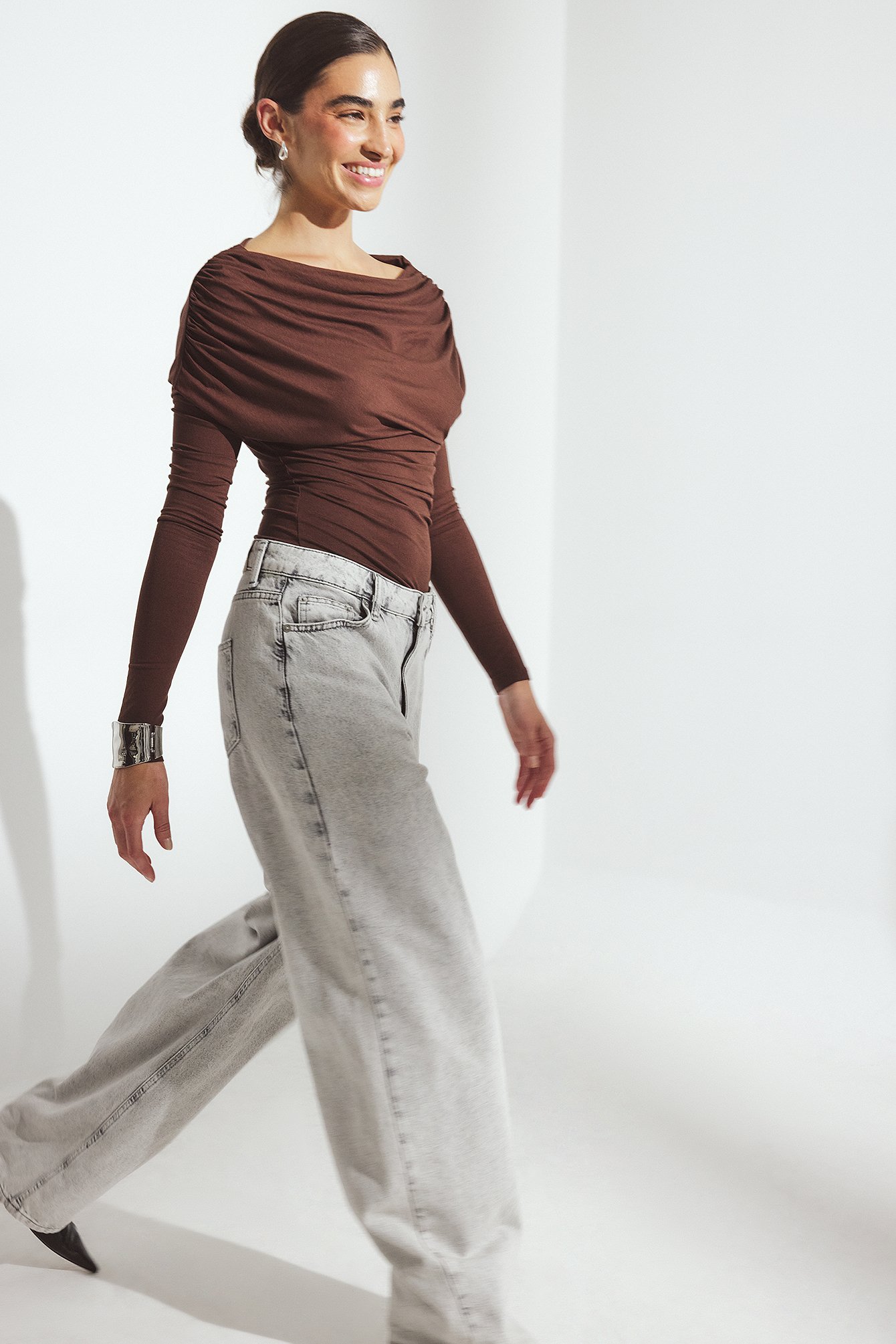 NA-KD Soft Line Long Sleeve Draped Top - Long Sleeve Tops - Brown - XS (EU 32) - NA-KD / NAKD