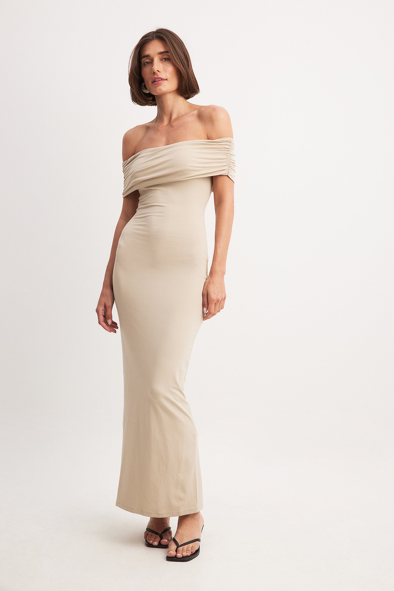 Soft Line Off Shoulder Midi Dress Beige | NA-KD Soft Line Off Shoulder Midi Dress Beige | NA-KD