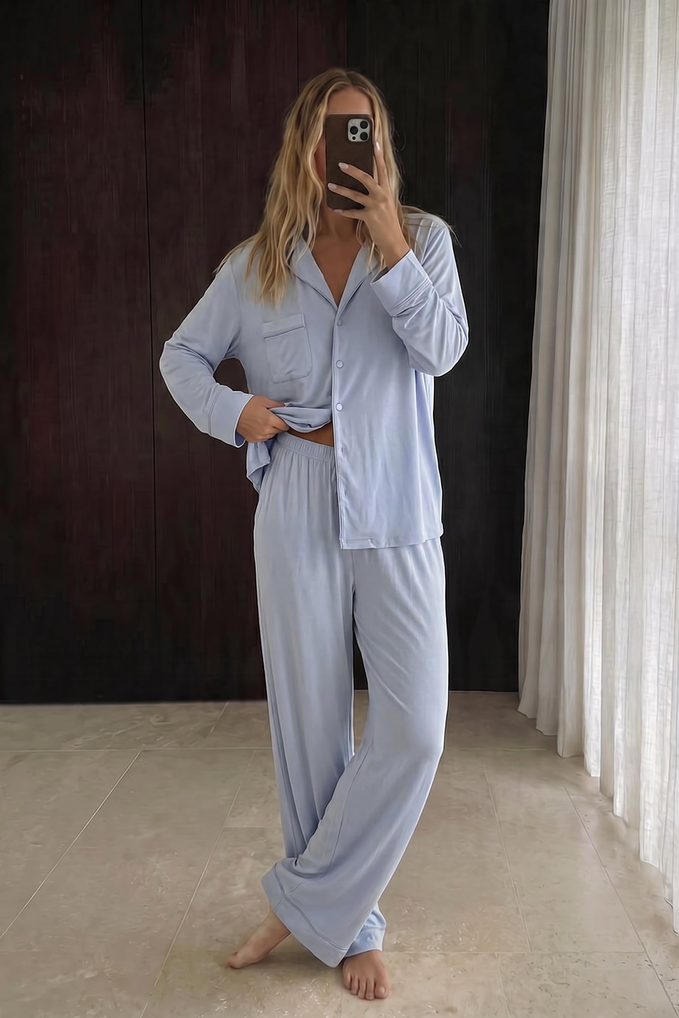 Soft pyjama pants light blue — byxor med fickor från NA-KD