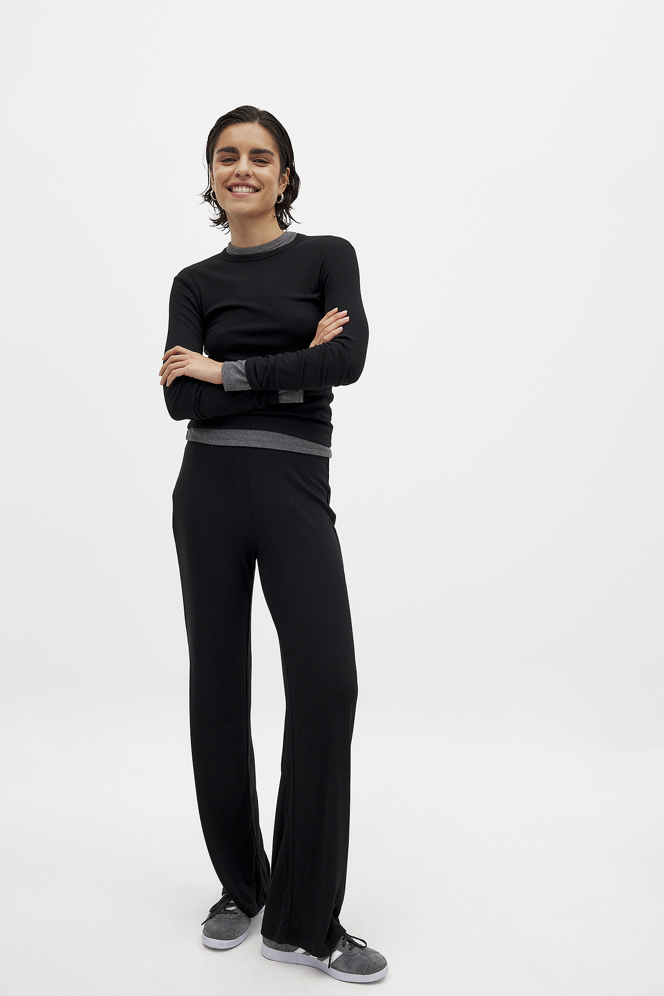 NA-KD Basic Soft Ribbed Wide Pants - High Waisted Pants - Black - XS (EU 32) - NA-KD / NAKD