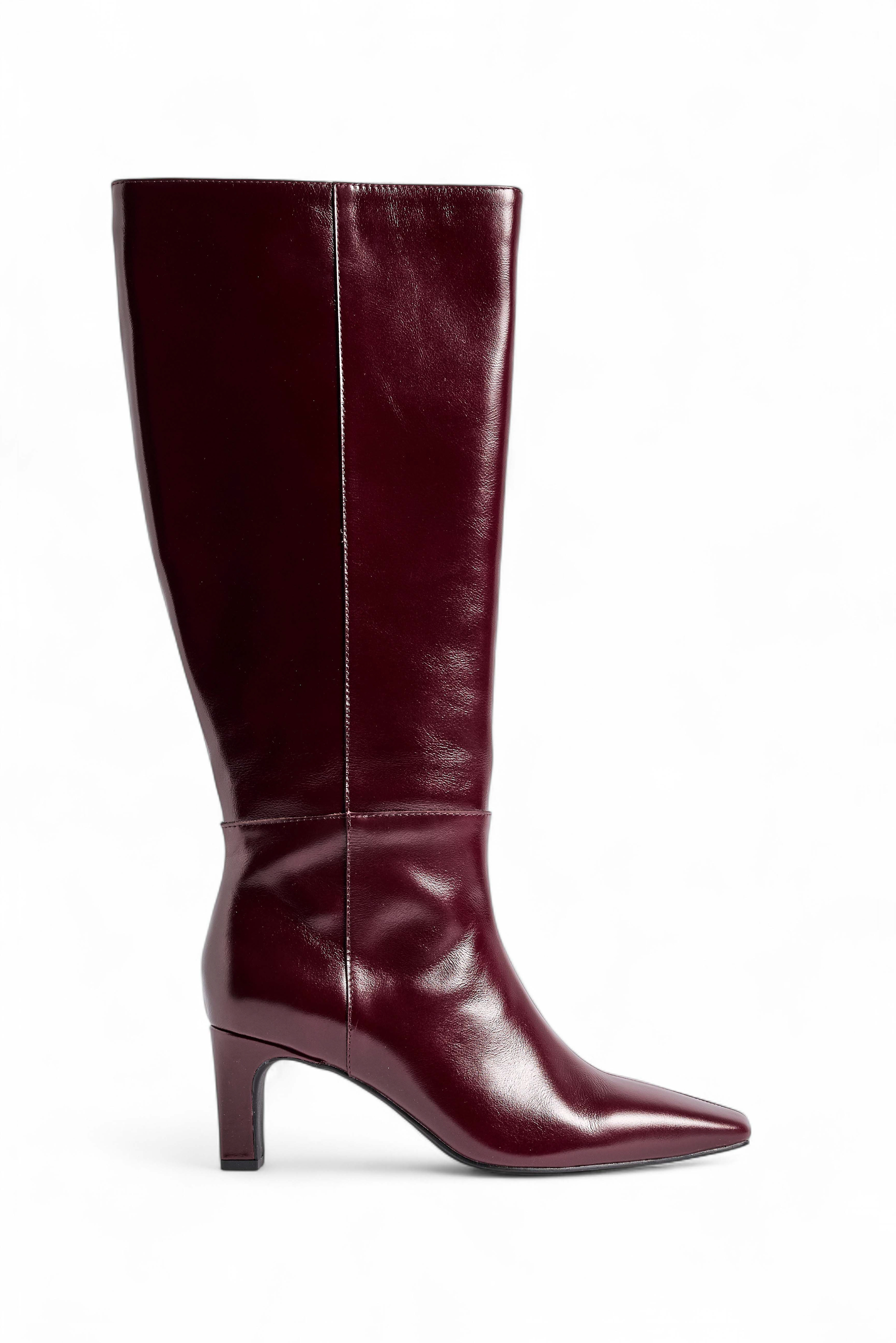 Squared Toe Leather Knee High Boots - Burgundy